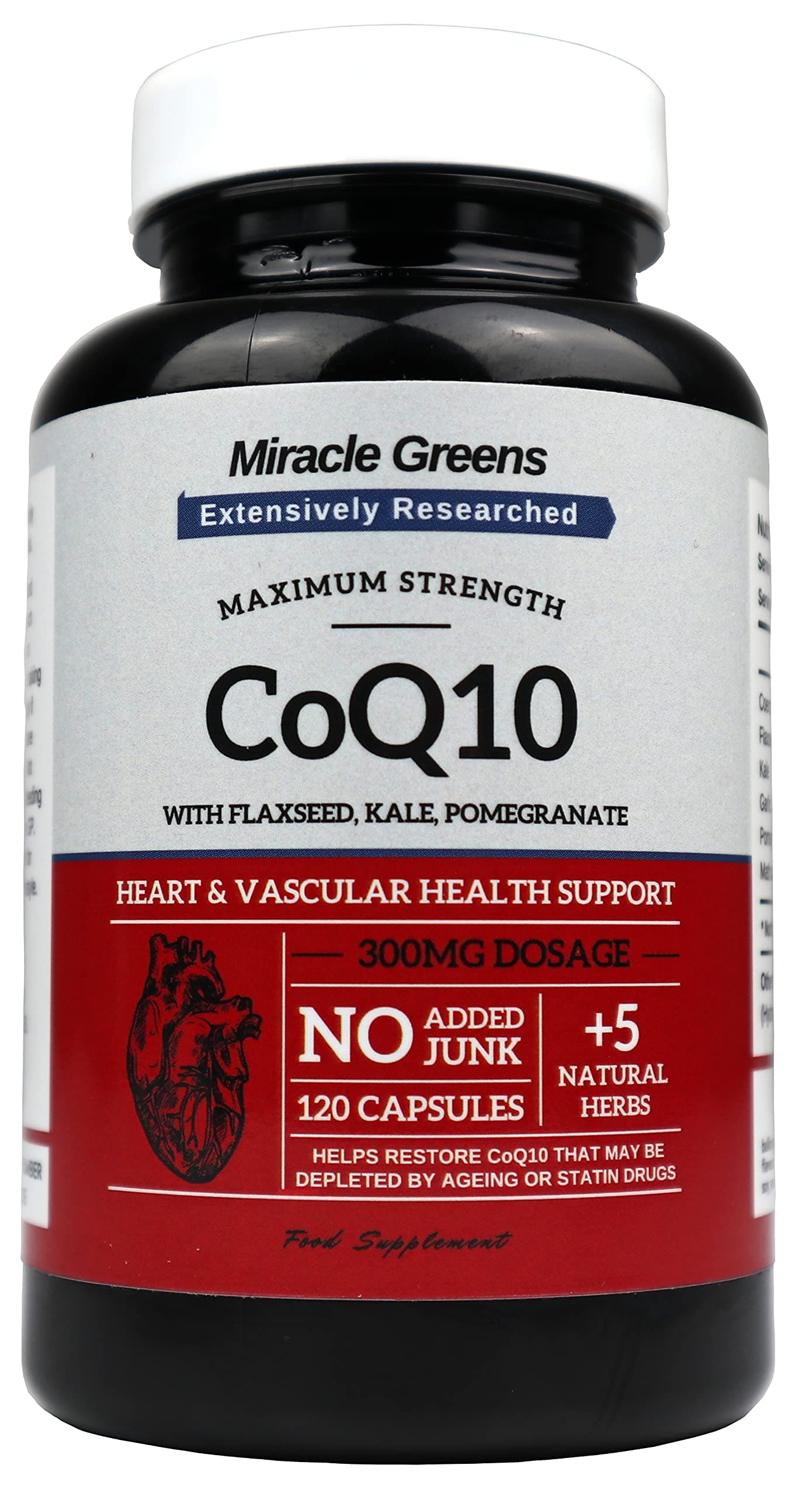 Powerful CoQ10 Complex - 300mg Max Strength, 120 Capsules | Boosted with Kale, Flaxseed, Garlic and More | High Absorption Naturally Fermented Ubiquinone CoQ10 for Heart Health and Energy | Made in UK