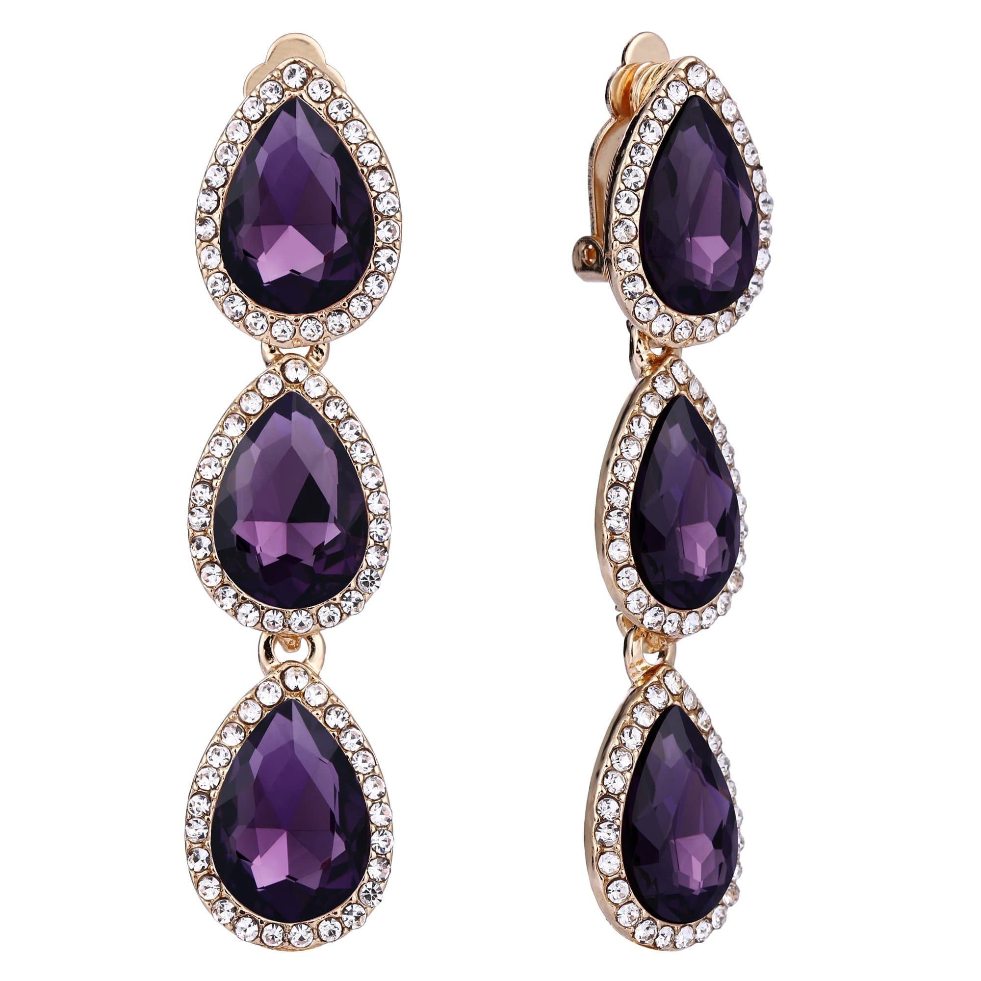 Women's Austrian Crystal Teardrop Pear Shape 2.4 Inch Long Clip-on Dangle Earrings