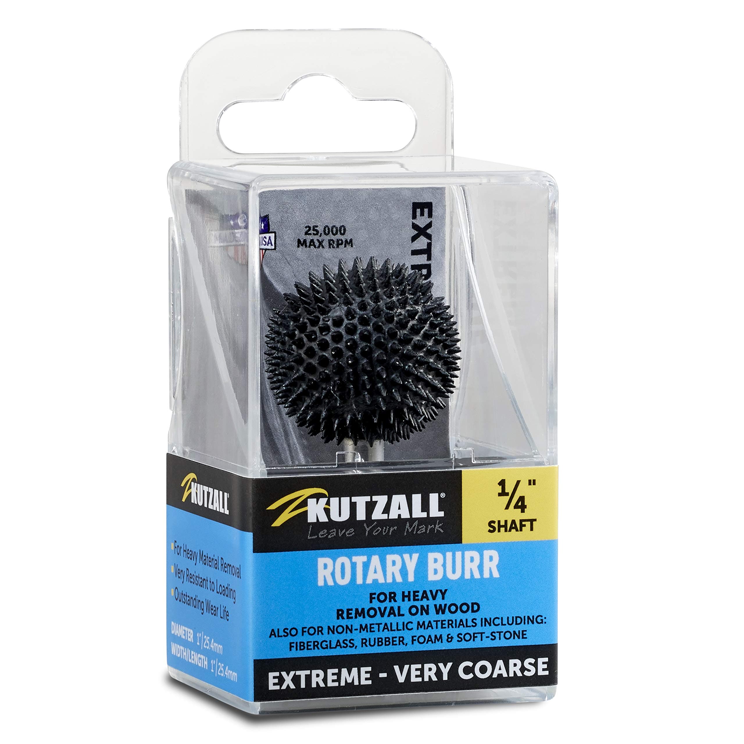 Kutzall Extreme Sphere Rotary Burr 1⁄4" Shaft, Very Coarse - Wood Carving Bit for Bosch, DeWalt, Milwaukee Tools. Abrasive Tungsten Carbide, 1" (25.4mm) Head Diameter, SX-1C