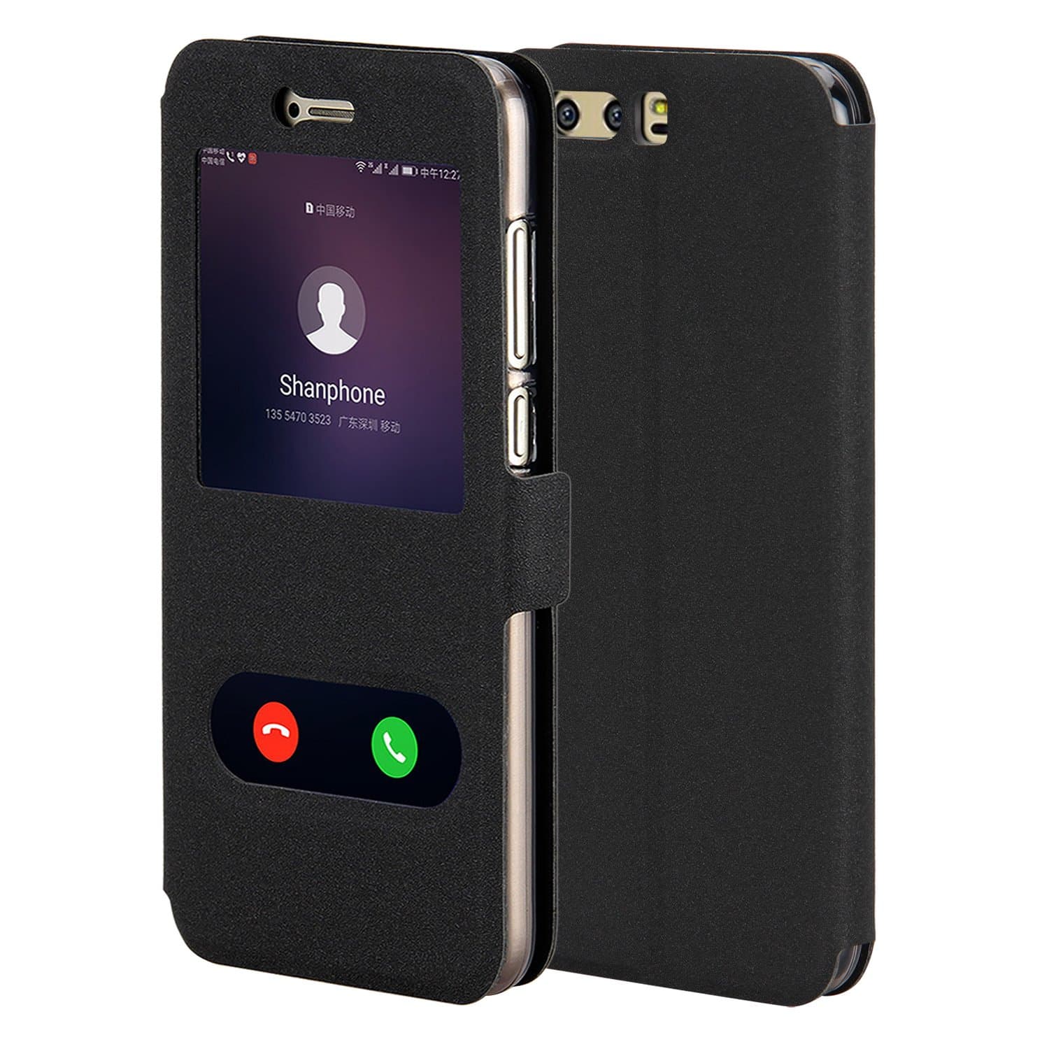 Honor 9 Case, Shanphone Folio Flip Smart View Window Case Cover with Kickstand for Huawei Honor 9, Black