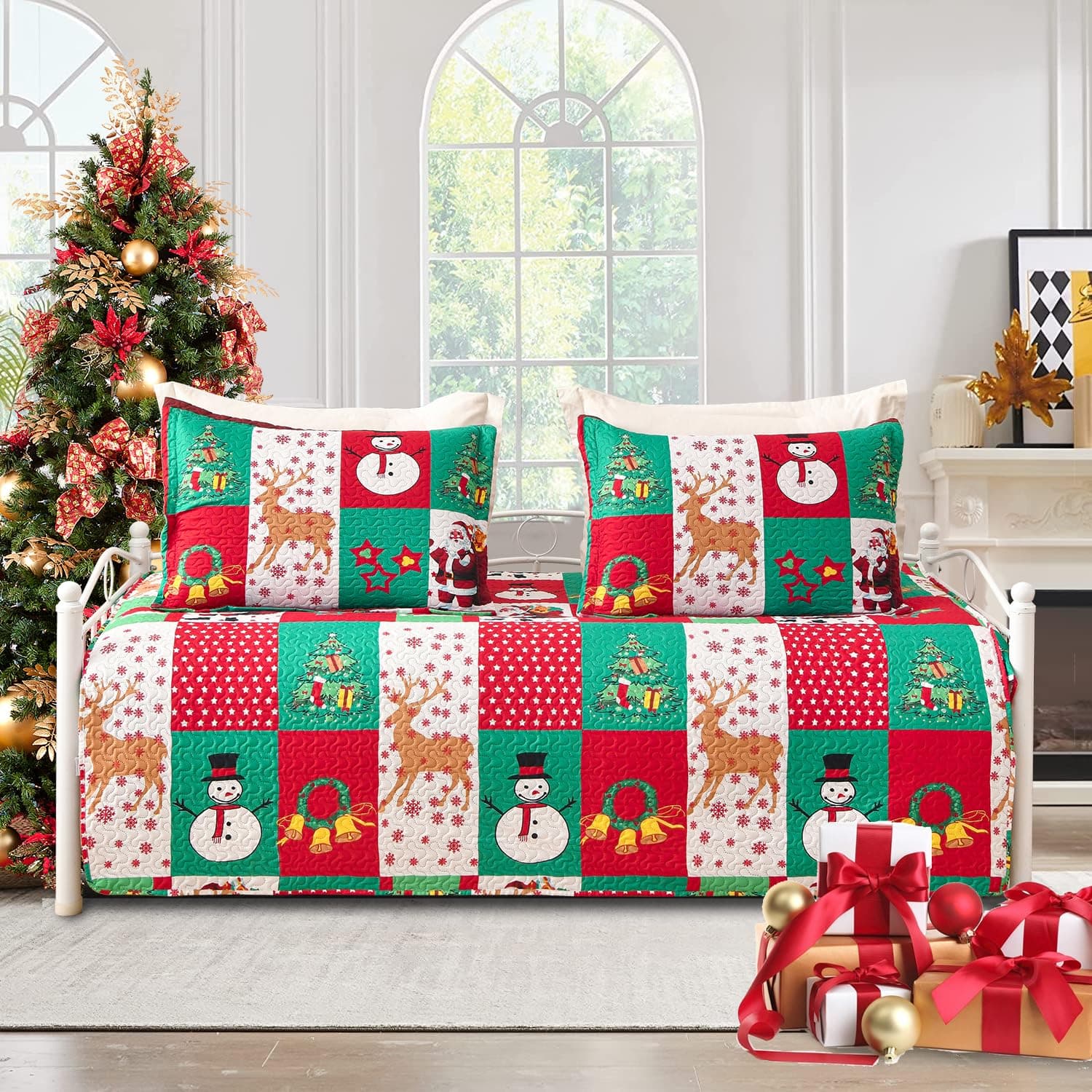 Jarson 3-Piece Christmas Daybed Cover Set,Twin Xmas Daybed Bedding Sets,Patchwork Daybed Comforter for New Year Bed Decor,Santa Snowman Holiday Daybed Bedding with Matching Shams,39"x75"(Red Green)