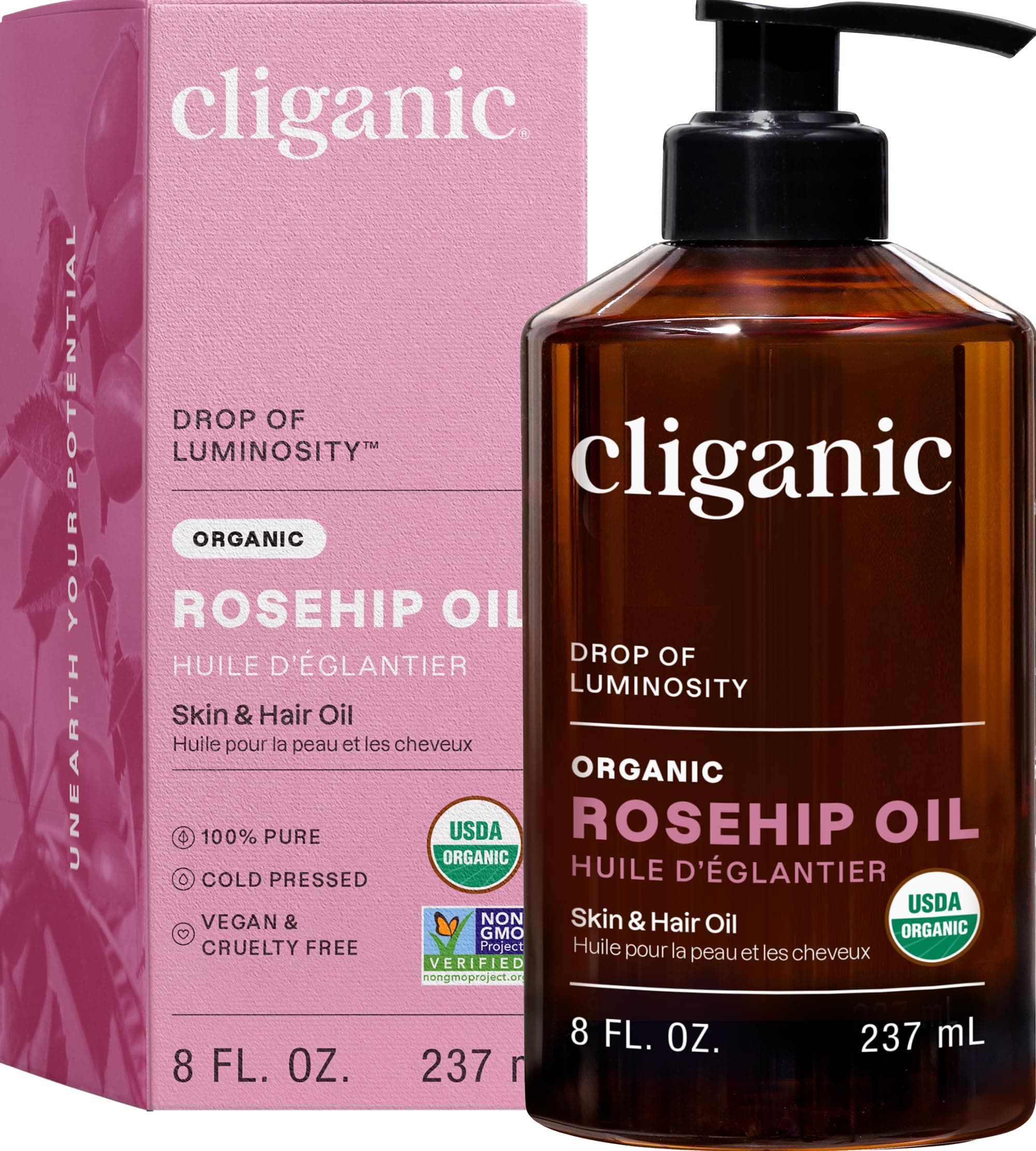 Organic Rosehip Seed Oil for Face, 100% Pure | Natural Cold Pressed Unrefined Non-GMO 8 fl.oz/240ml