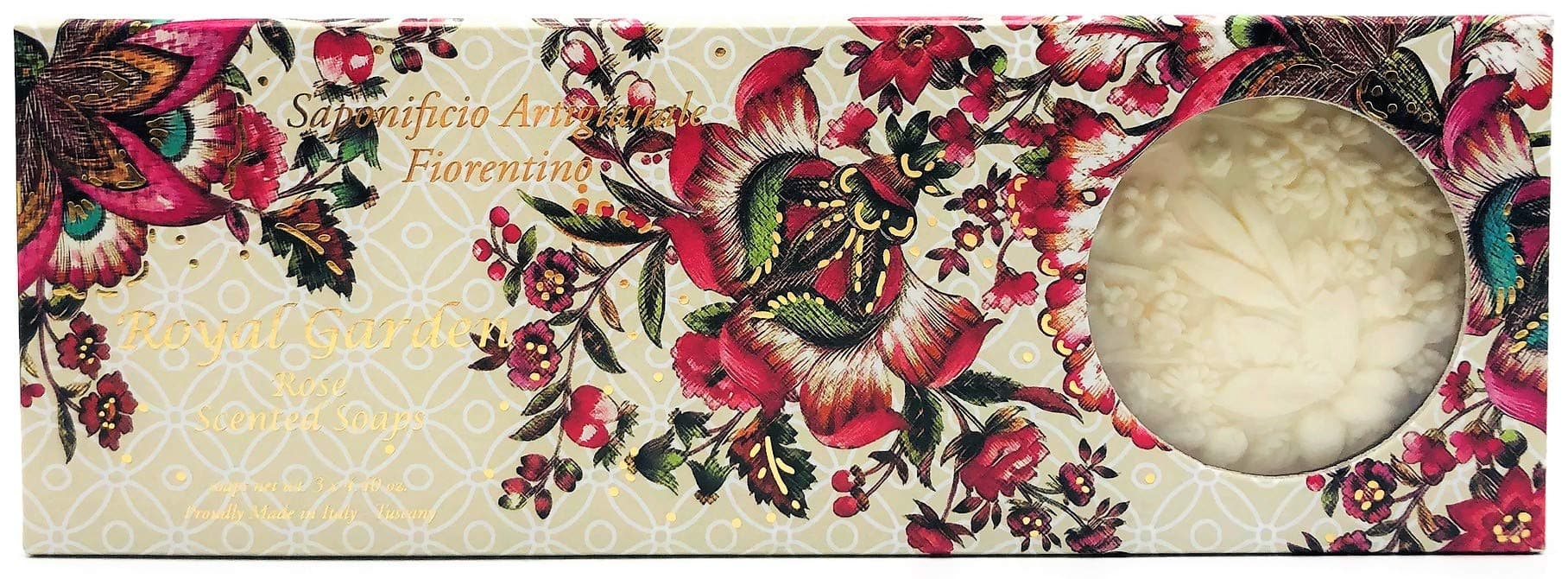 Saponificio Artigianale Fiorentino Sculpted Italian Soap 3 x 4.4 oz Bars (Royal Garden Rose)