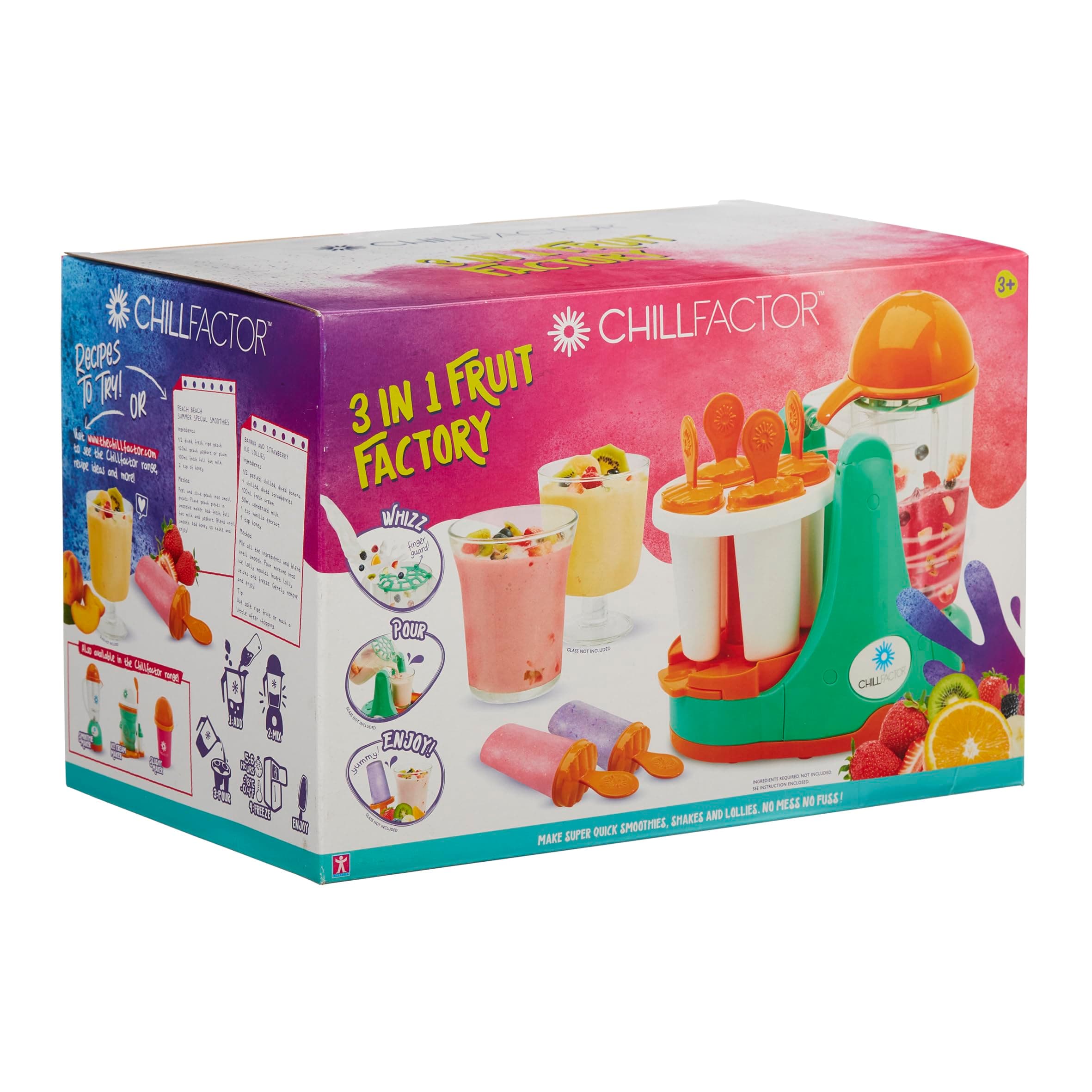 ChillFactor 3 in 1 Fruit Factory Real kids smoothie maker with kid safe blender jug and lolly mould Children's kitchen toy for boys and girls, Green