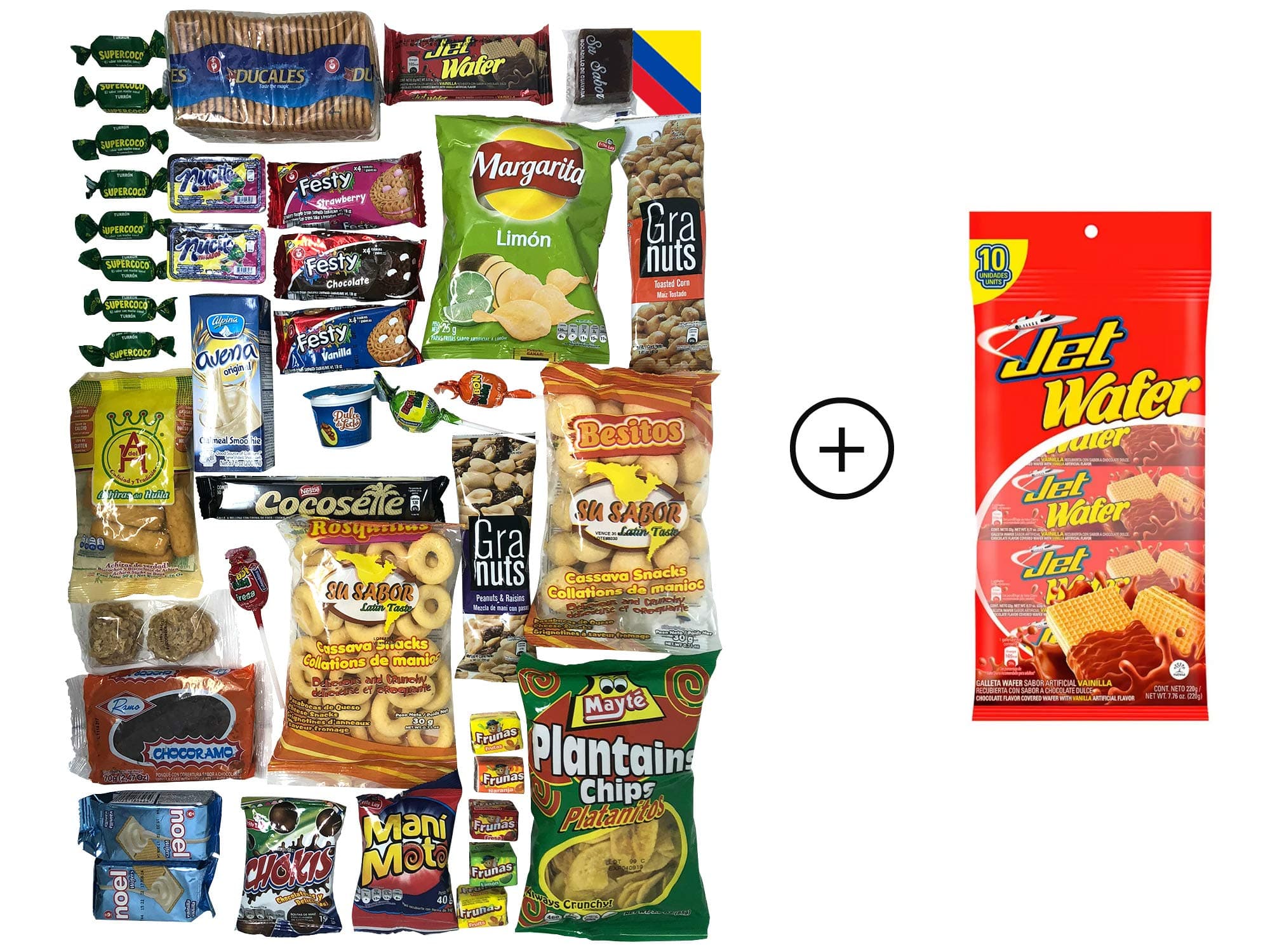 Colombian Snacks Sampler Variety Box - Cookies, Chips & Candies Assortment Pack - Delicious Gift Box - College Care Package (Mecato+JetWafer)