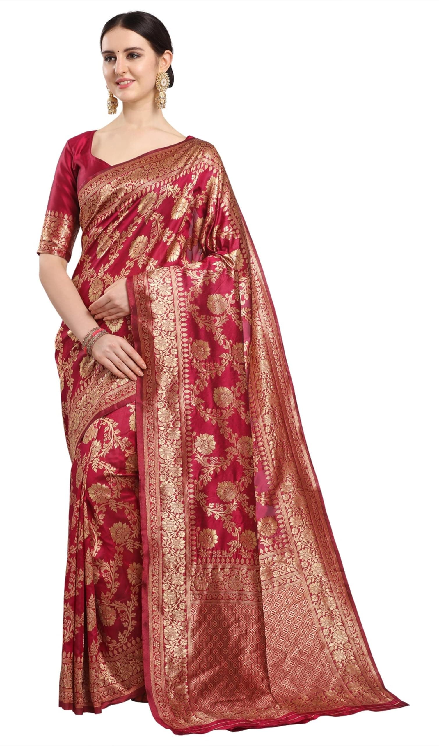 Women's Kanchipuram Silk Half and Half Woven Saree With Blouse Piece, red, Maroon, One Size
