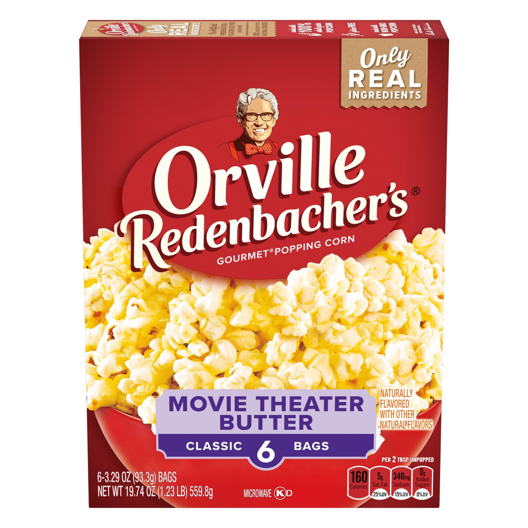 Orville Redenbacher’s Microwave Popcorn, Movie Theater Butter Flavor, 3g Fiber Per Serving, 3 oz., 6-Count
