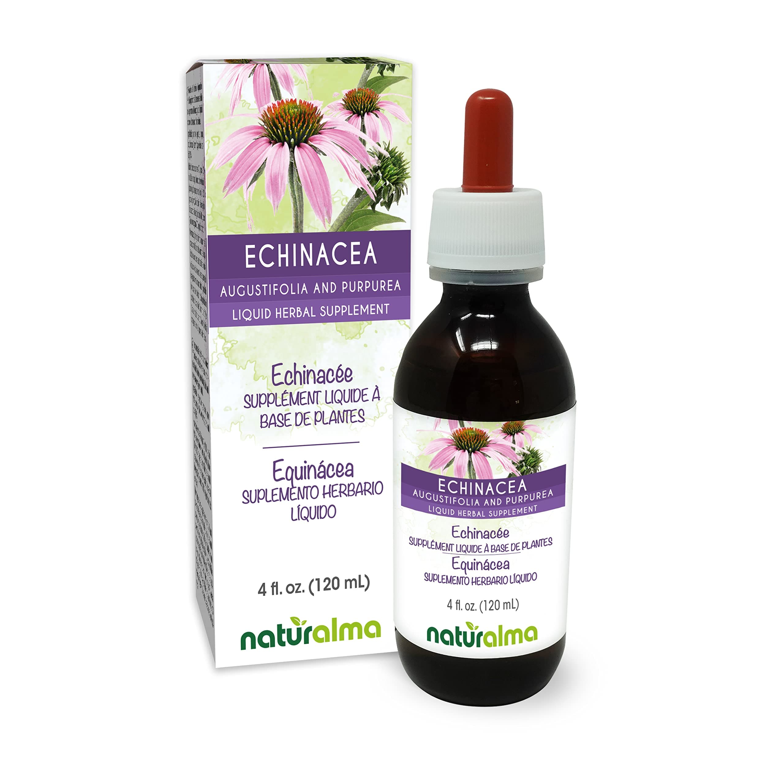 Naturalma Echinacea (Echinacea angustifolia and purpurea) Root and herb Alcohol-Free Tincture - 4 fl oz Liquid Extract in Drops - Herbal Supplement - Vegan