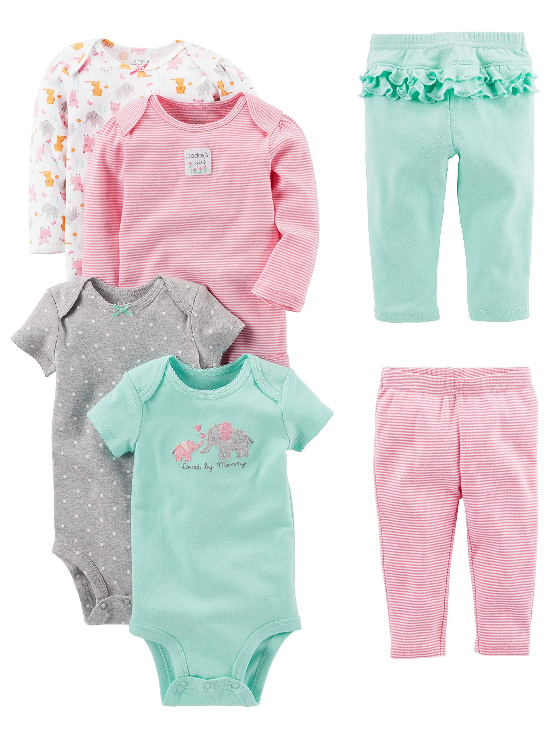baby-girls 6-piece Bodysuits (Short and Long Sleeve) and Pants Set