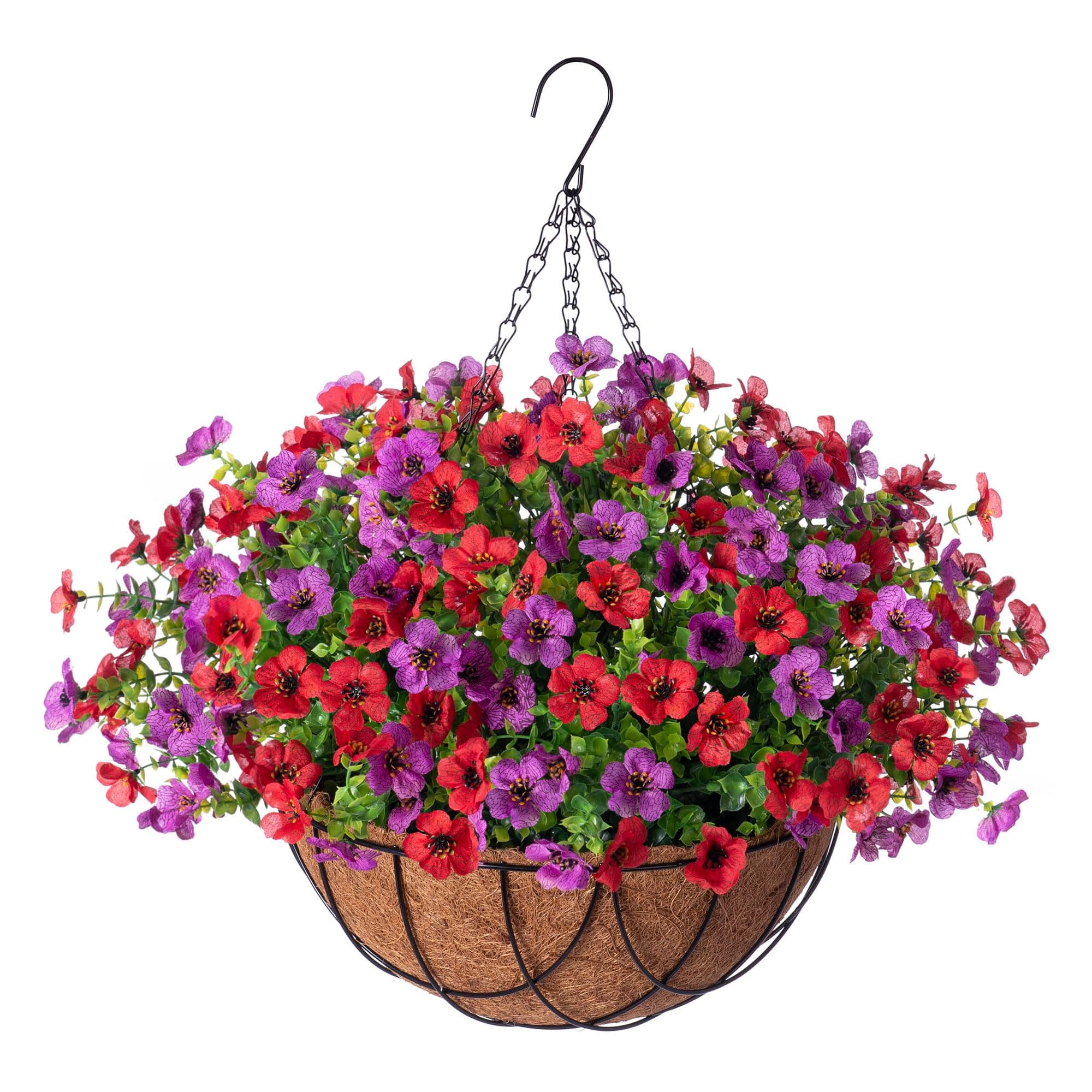 Artificial Silk Flowers Hanging Basket for Outdoor Indoor, Daisy with Eucalyptus Leaves Arrangement for Garden Yard Spring Summer Decor, Faux Green Plant in Metal Coconut Lining Pot(Red Purple)