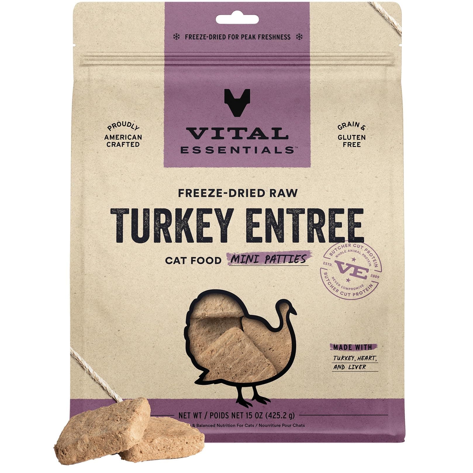 Vital Essentials Freeze Dried Cat Food, Raw Turkey Mini Patties | Complete Meal or Topper | Easy to Portion and Rehydrate | High Protein, Grain Free Dry Cat Food | 15 oz Bag