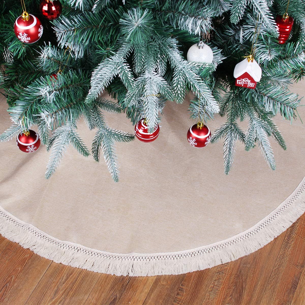 48 inch Burlap Christmas Tree Skirts with Tassel, Large Linen Christmas Tree Decorations Indoor Outdoor, Double-Layer Rustic Tree Skirt for Holiday Party Home Decor, Beige Christmas Skirts for Tree