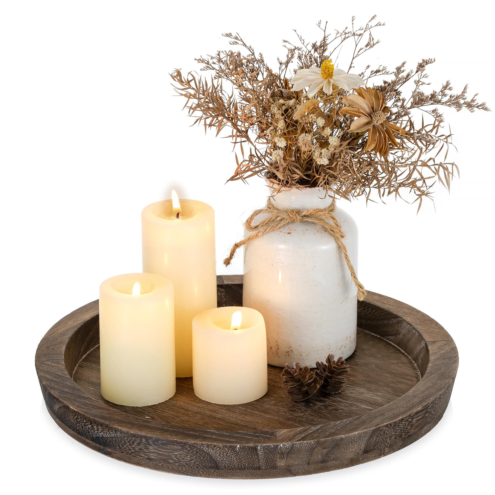 Romadedi Farmhouse Wooden Candle Tray - 11 Inch Round Decorative Trays for Coffee Table Dining Centerpiece Kitchen Counter Candle Holder Wood Trays for Christmas Rustic Home Decor