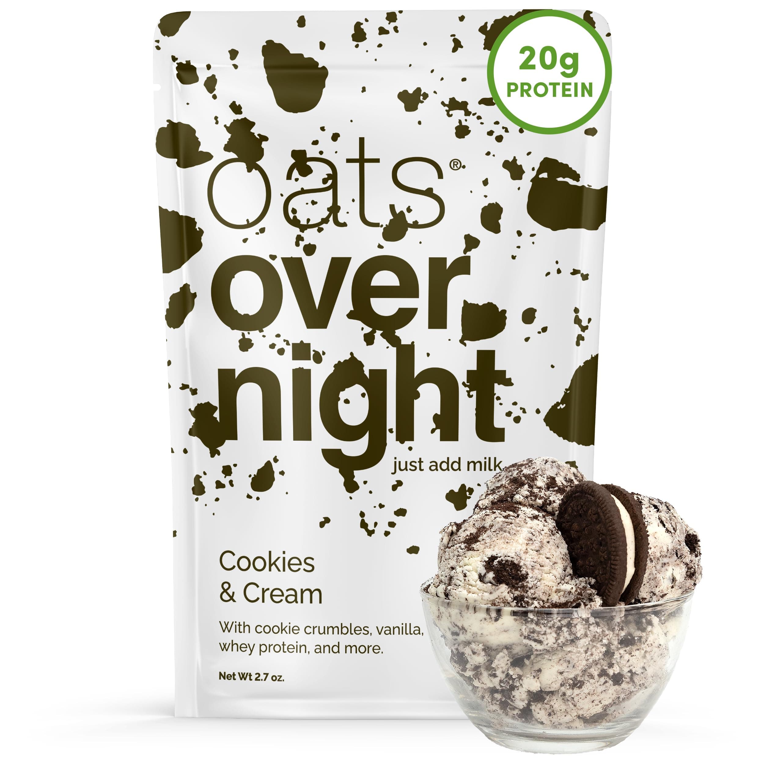 Cookies & Cream - Overnight Oats with 20g Whey Protein, High Fiber Breakfast Protein Shake - Gluten Free Oatmeal, Non GMO High Protein Oatmeal (2.7oz per Meal) (8 Pack)