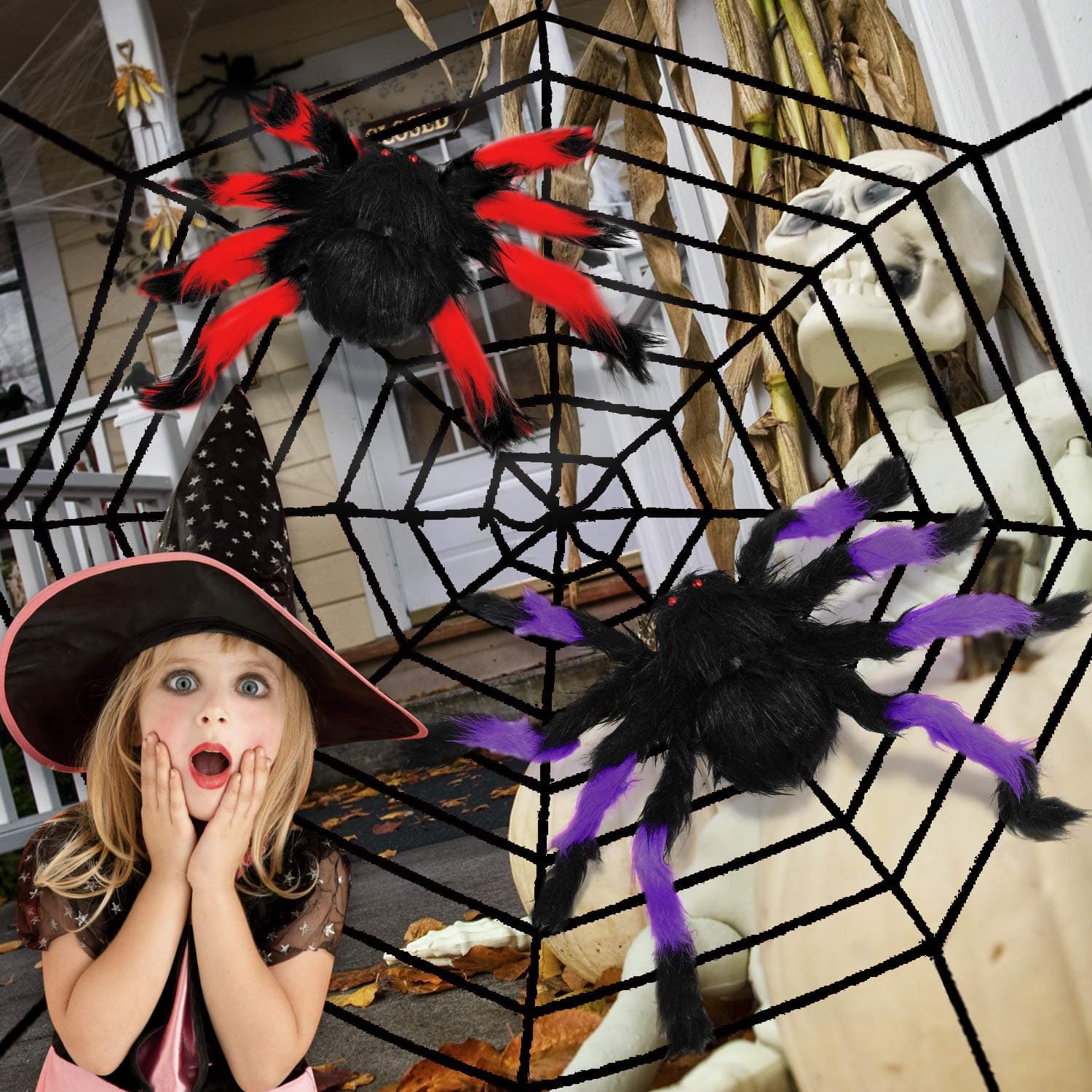 balnore Spider Web Halloween Decoration, Haunted House Prop Spider Scary Decoration, Halloween Outdoor Large Size Realistic Fake Hairy Spider Decor for Party with Big Spiderweb Decorations