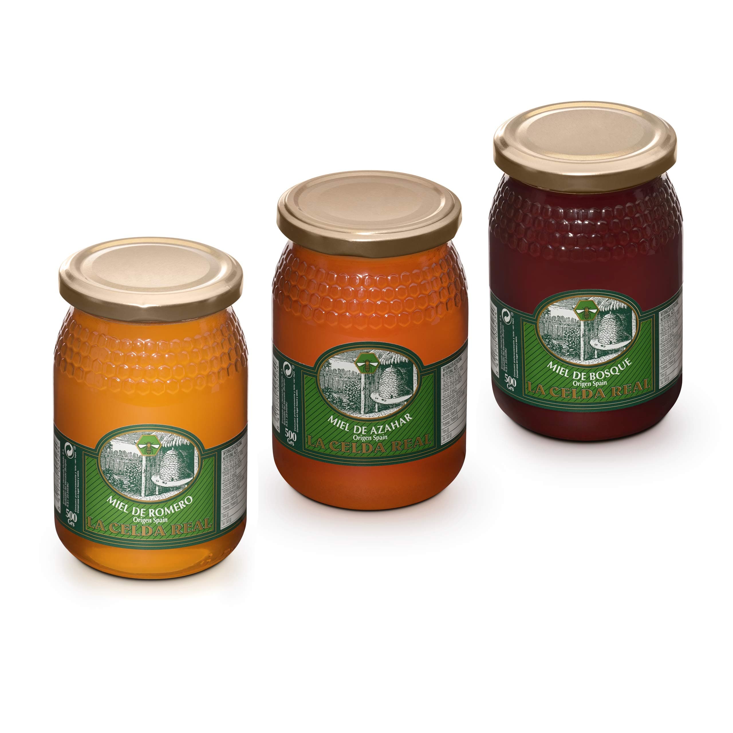 La Celda Real - 1.5kg Natural Honey - Spanish Origin - 100% Natural - Glass jar - Pack 3 Flavors: Rosemary Honey + Orange Blossom Honey + Forest Honey - Origin from Spain - 100% Pure Natural Honey