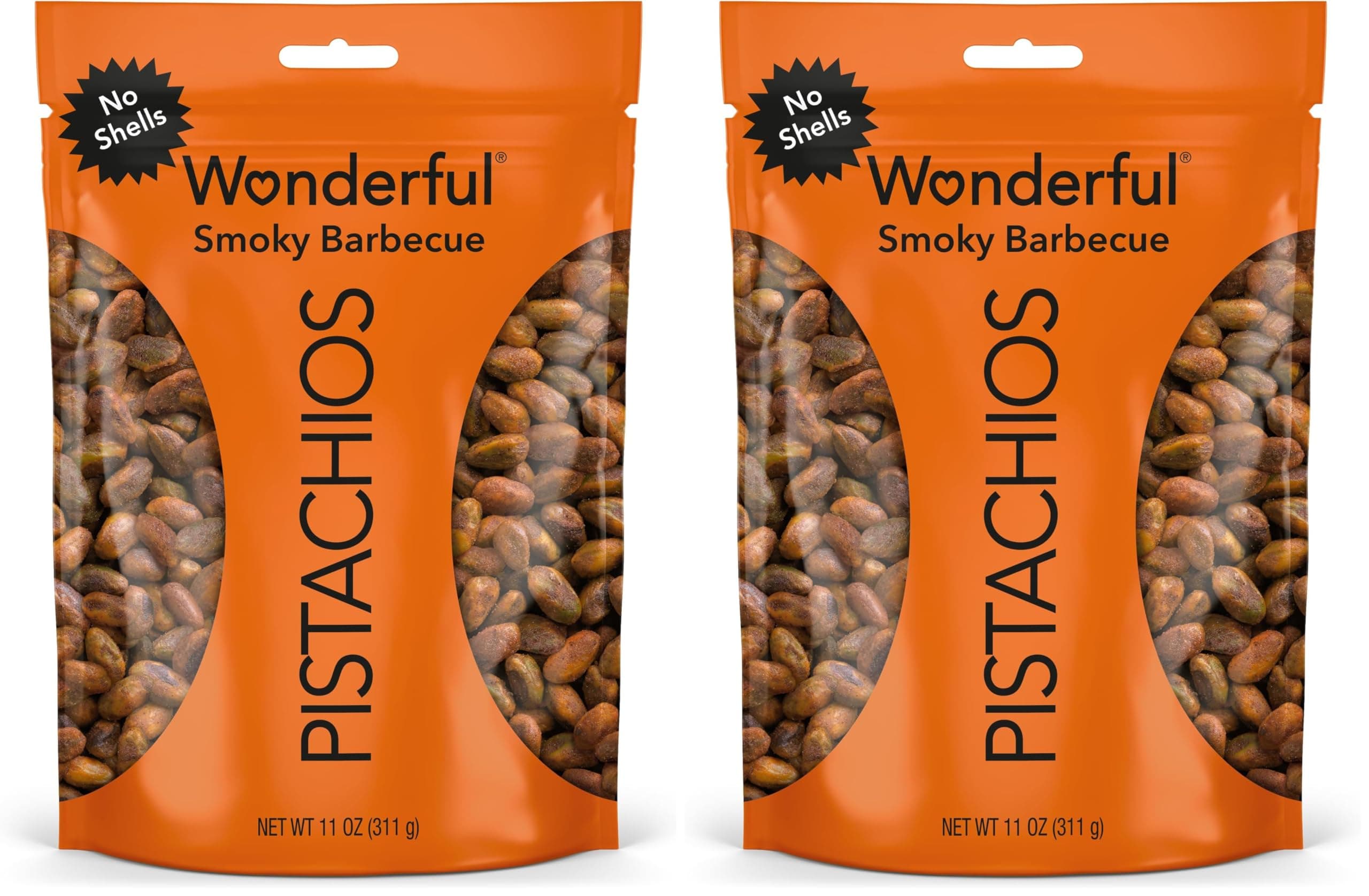 Wonderful Pistachios No Shells, Smoky Barbecue Flavored Nuts, 11 Ounce Resealable Bag, Protein Snacks, Gluten Free, Healthy Food (Pack of 2)