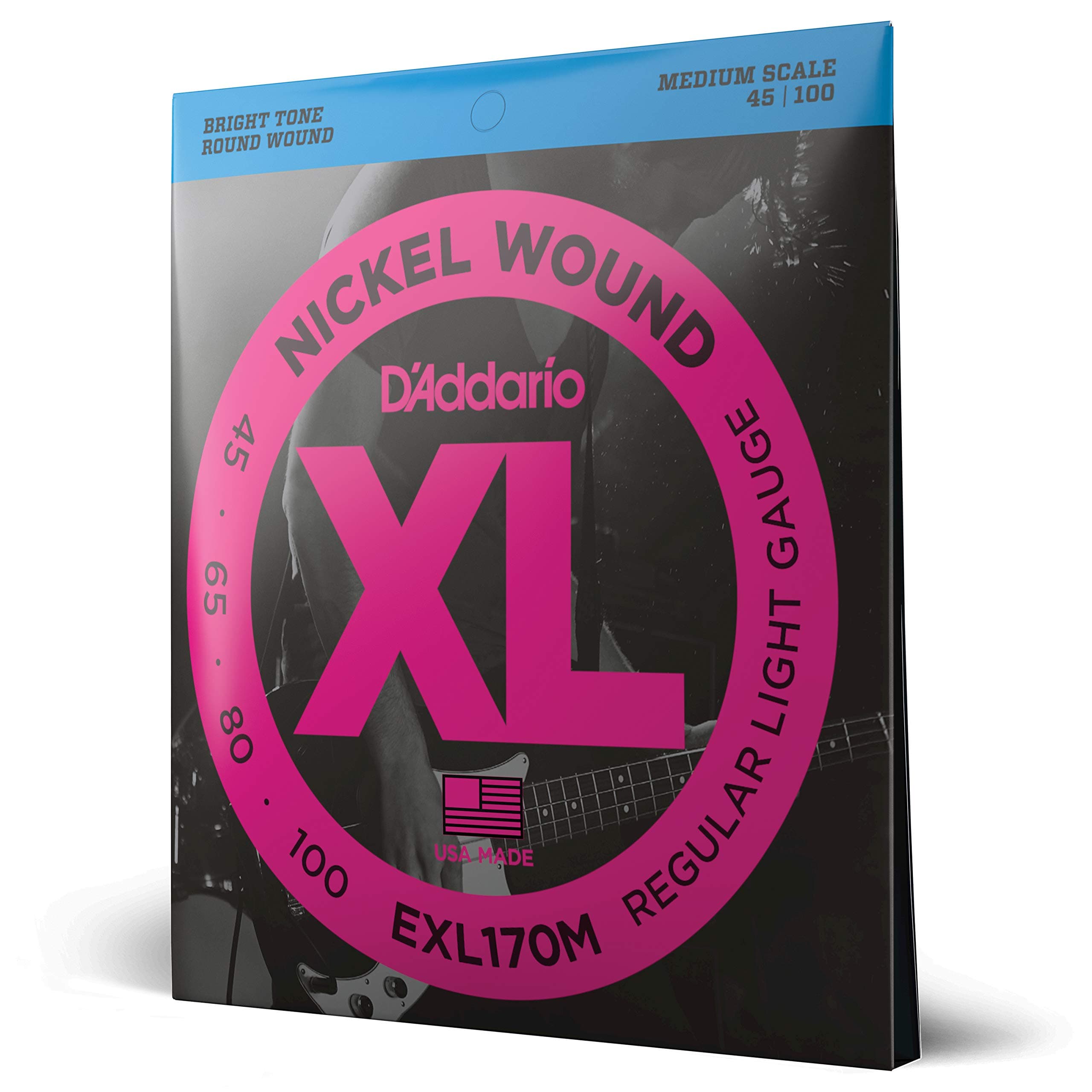 D'Addario Bass Guitar Strings - XL Nickel Bass Strings - EXL170M - Perfect Intonation, Consistent Feel, Powerful Durability - For 4 String Bass Guitars - 45-100 Regular Light, Medium Scale
