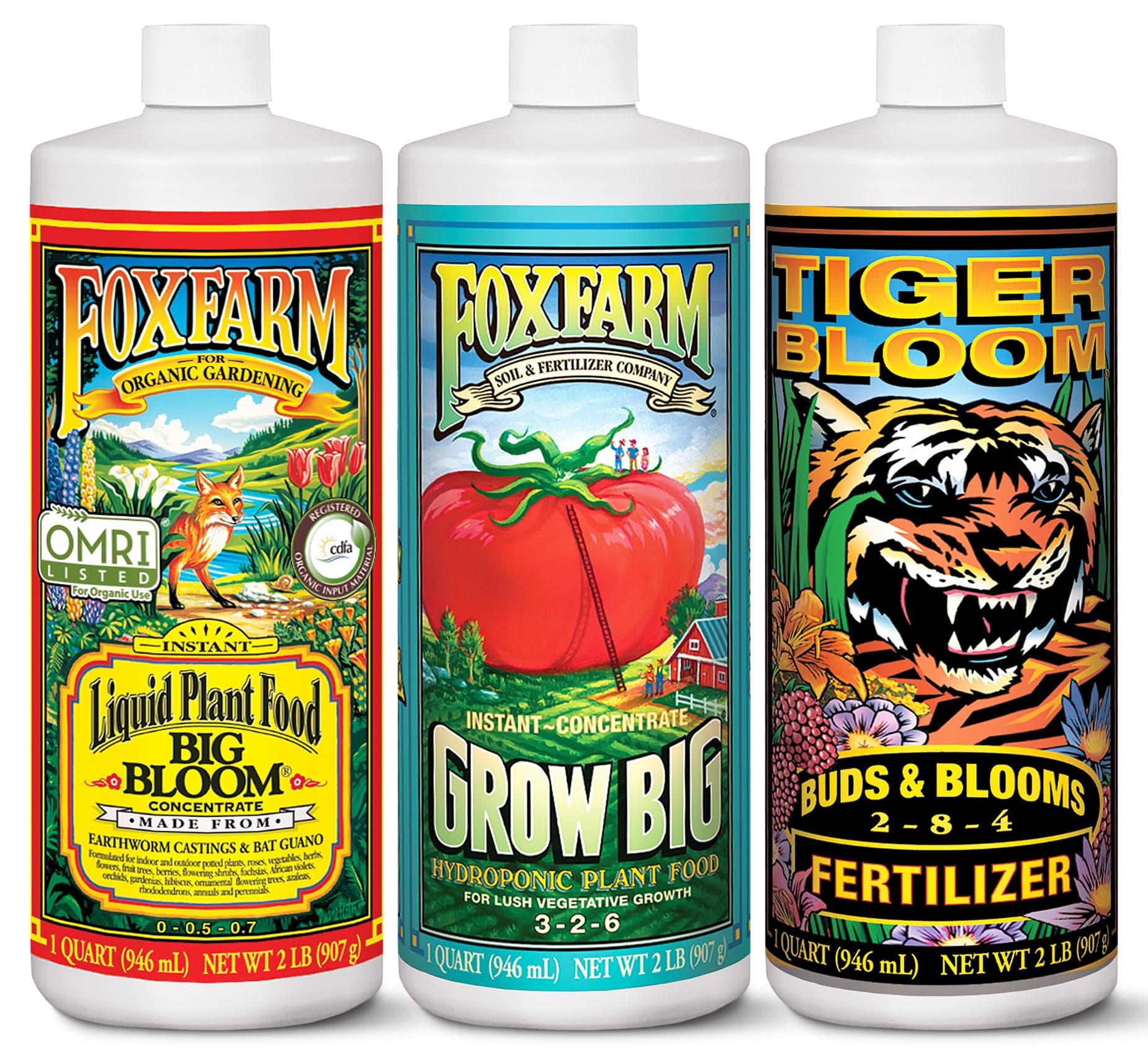 FoxFarm Hydro Liquid Trio Pack - Big Bloom, Grow Big Hydroponic, Tiger Bloom Fertilizers for Plant Growth, Bud Development & Abundant Fruit - Complete Hydroponic Plant Food Set - 3 Quart Bottles