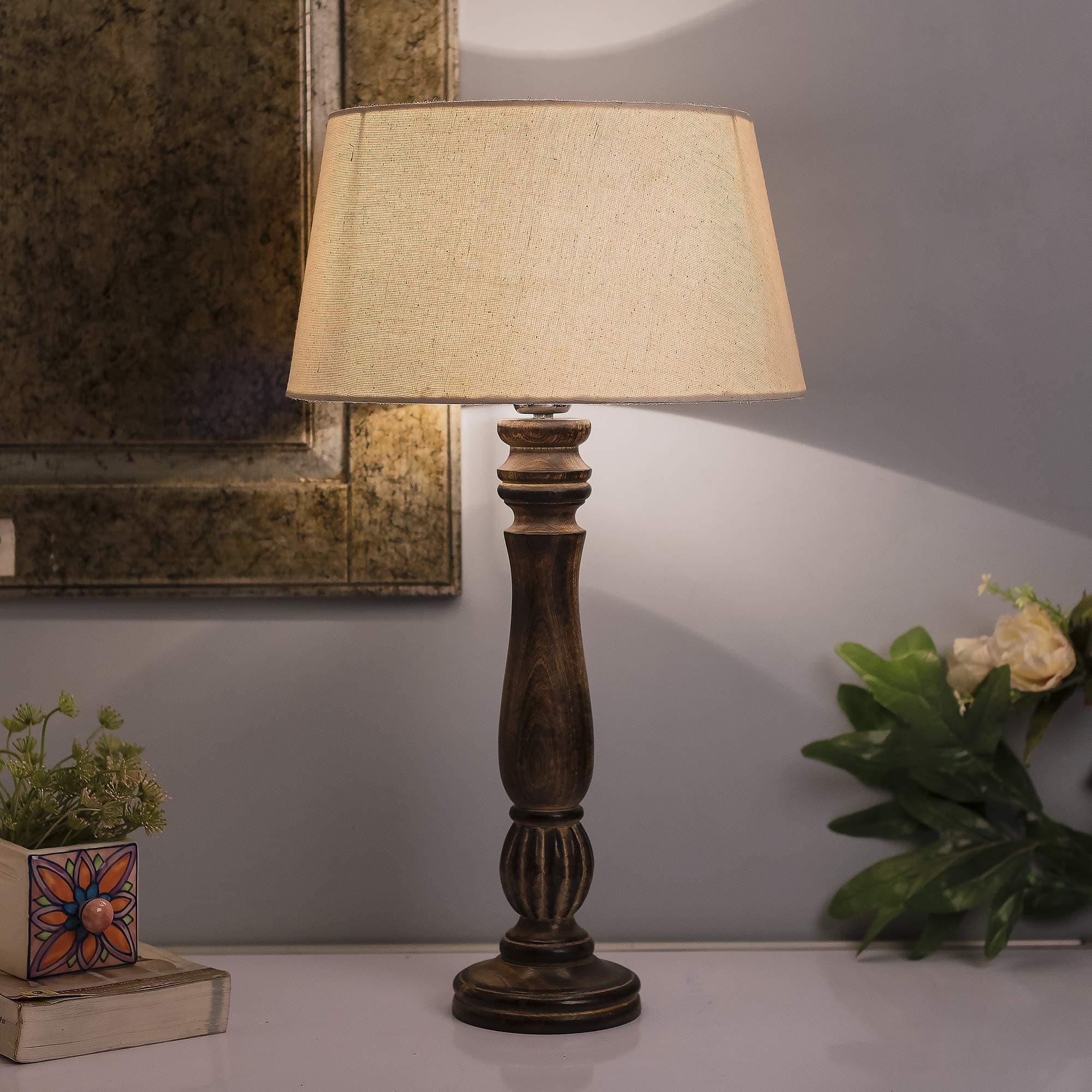 Homesake Classic Victorian Black Wood Table Lamp with Khadi Shade