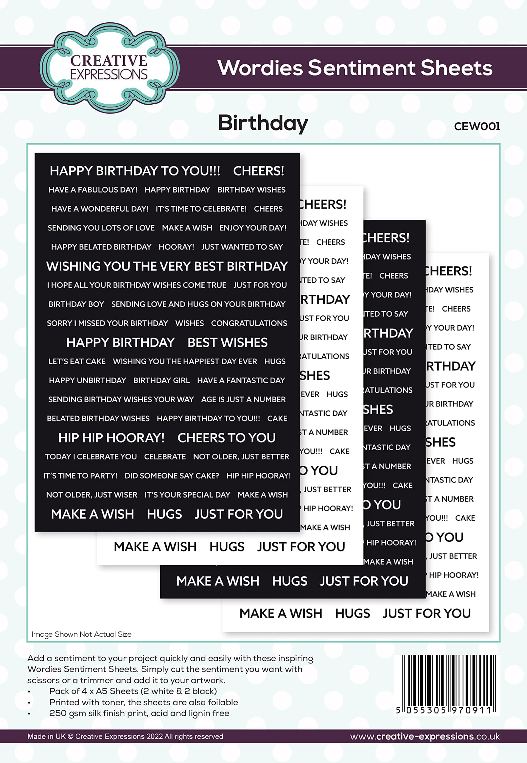 Creative ExpressionsWordies - Sentiment Sheets - Birthday, Black and White, OSFA, CEW001