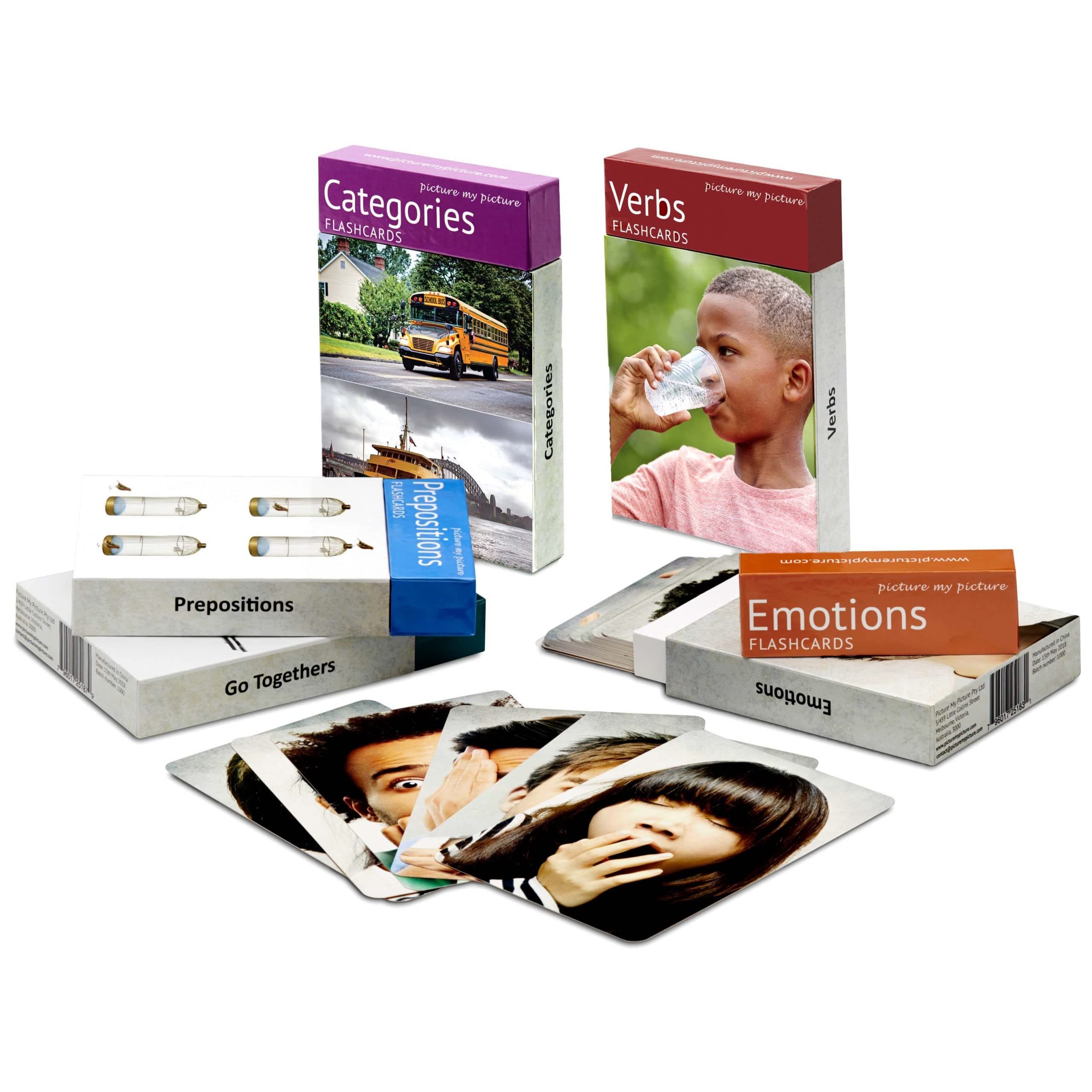 Picture My Picture Feelings and Emotions, Prepositions, Verbs, Categories and Go Togethers Flash Card Pack | Speech Therapy Materials, ESL Materials