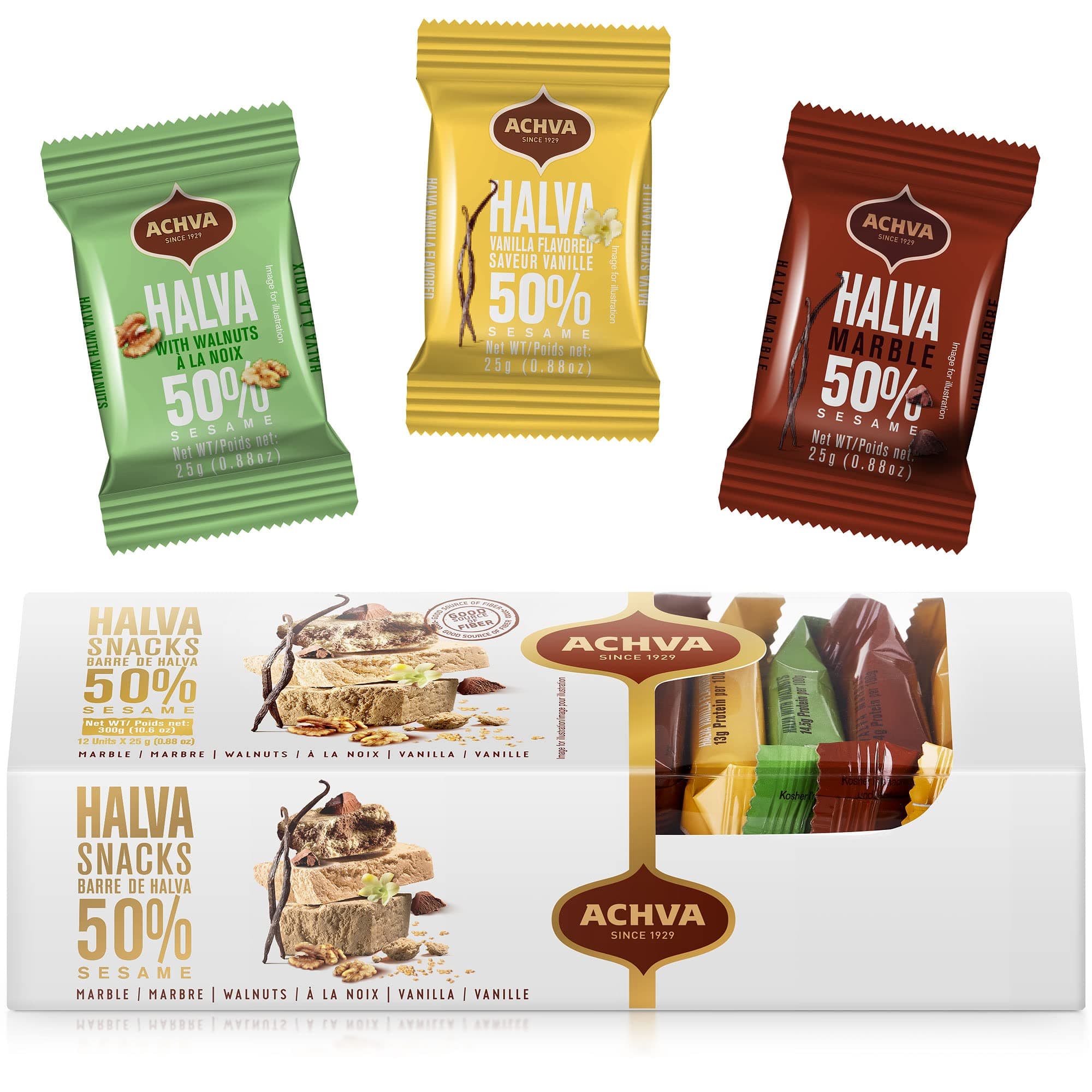 Achva Halva Tahini Bars | Natural Source of Protein | Super Seed, Gluten Free & Nutritious Halva Sesame Energy Bars | No Chemicals | Assorted Box, Vanilla, Walnuts, Marble - 2 Packs (24 x 25g)