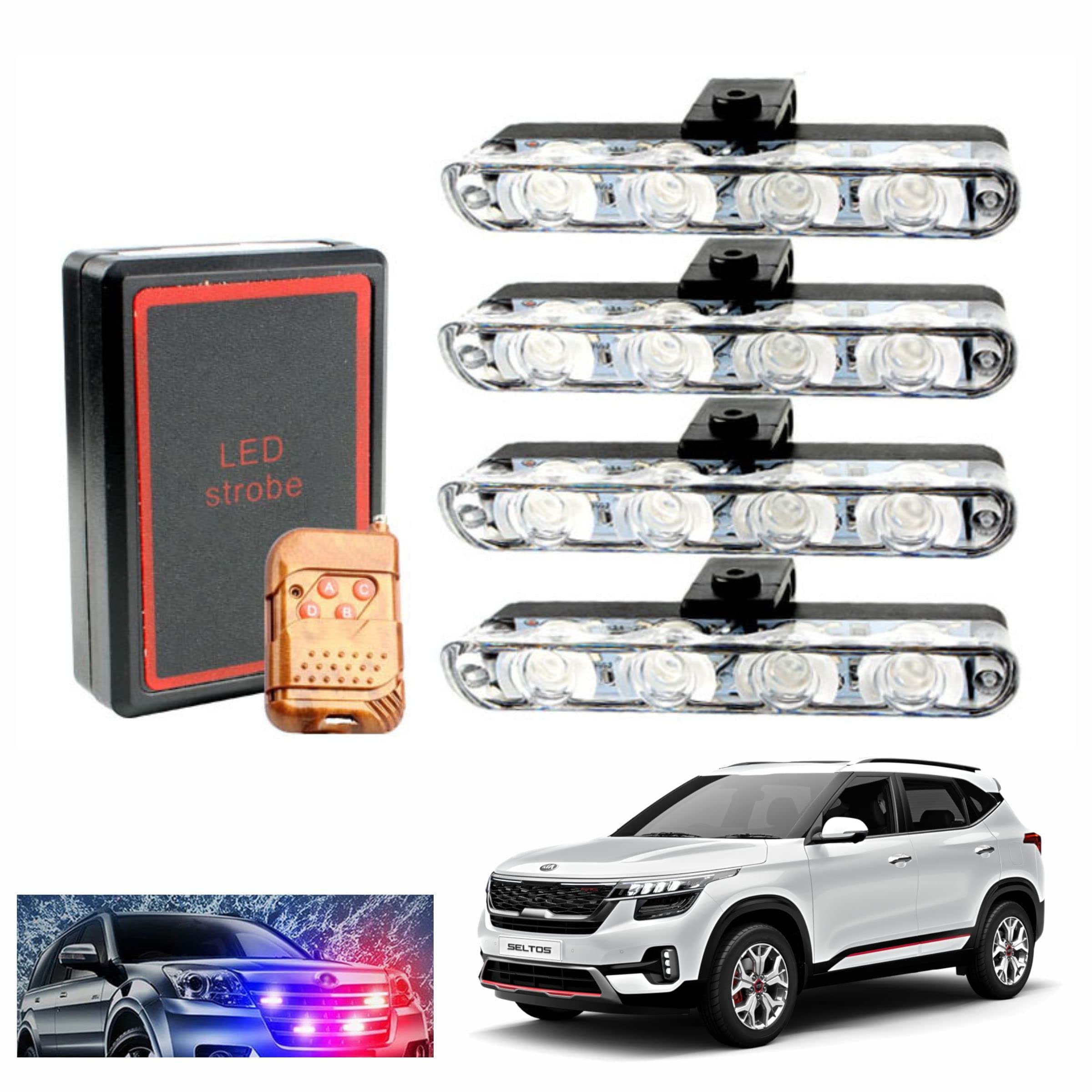 Asryd 4x4 LED Red & Blue Police Strobe Flash Light with Wireless Remote Control Emergency Warning Multi Flashing Waterproof 12V For Kia Seltos, Black