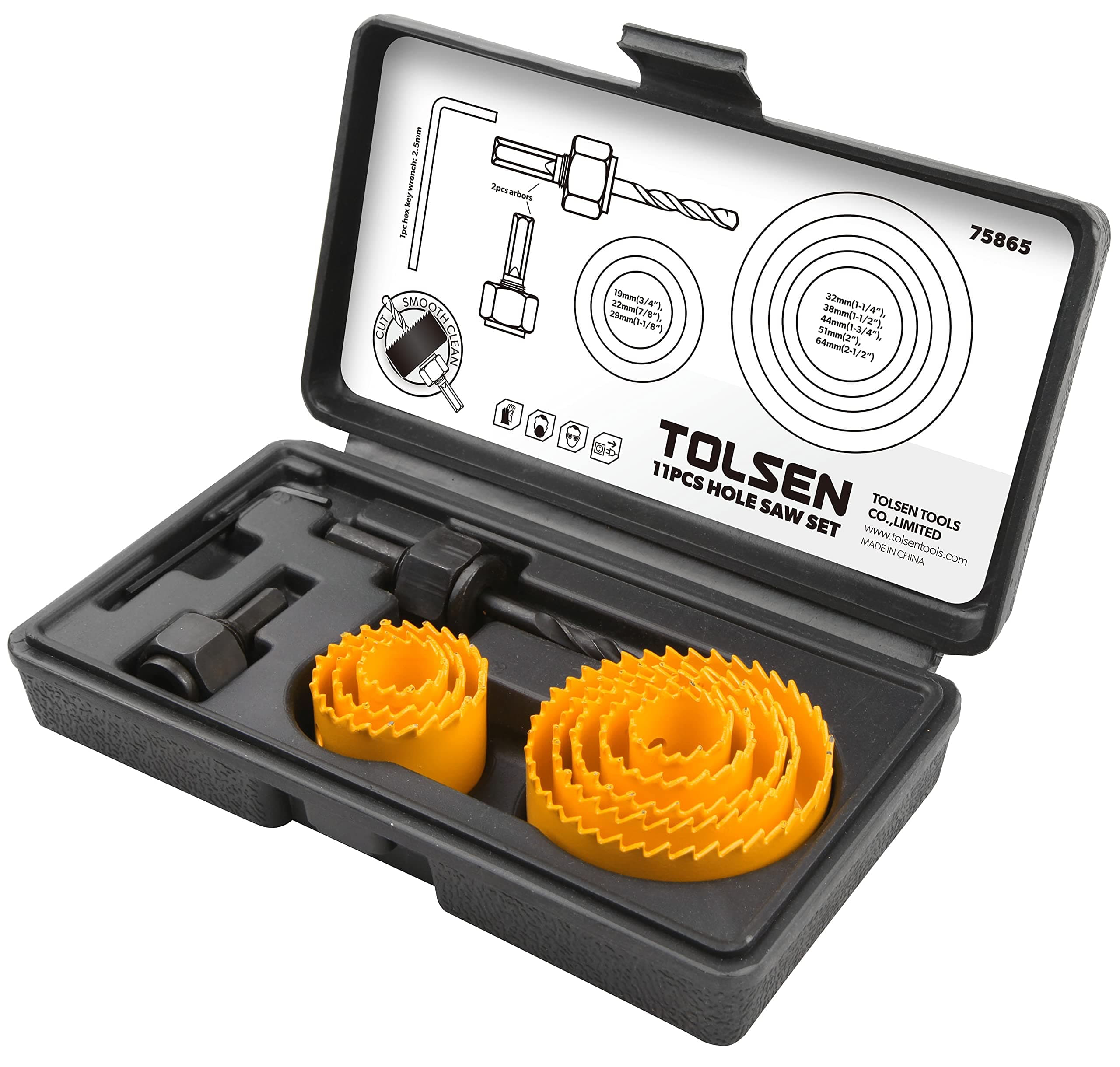 TOLSEN 9BM120 11pcs Hole Saw Pilot Drill Bit Kits for Plywood Drywall Wood Plastic,Yellow,3/4 inch 7/8 inch 1 1/8 inch 1 1/4 inch 1 1/2 inch 1 1/3 inch 2 inch 2.5 inch