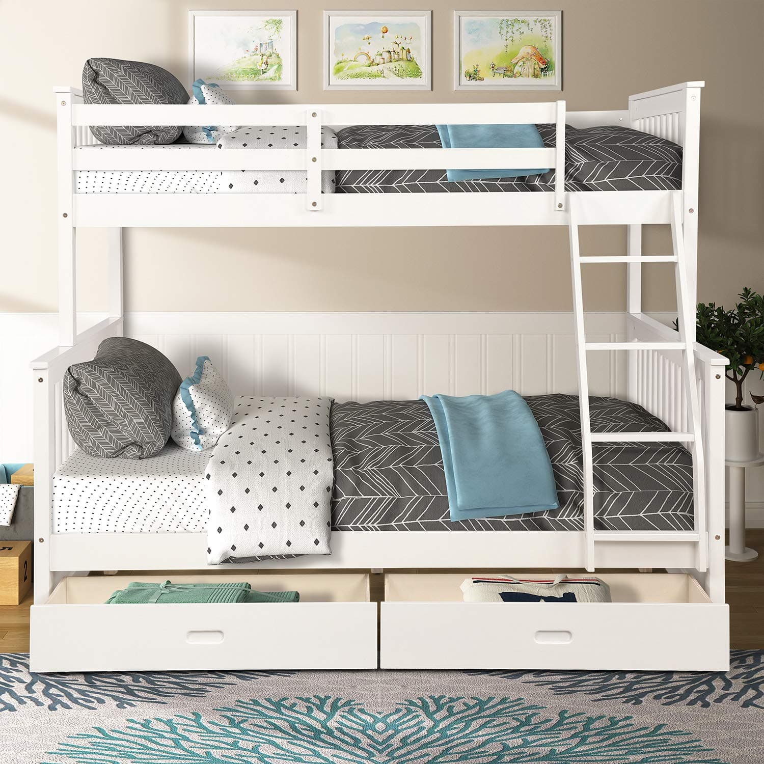 ALI VIRGO Wood Twin Over Full Bunk beds, with 2 Storage Drawers, Sturdy Wooden Frame Two Cot Ladder and Safety Rails Convenience to Take Care of Your Children, White