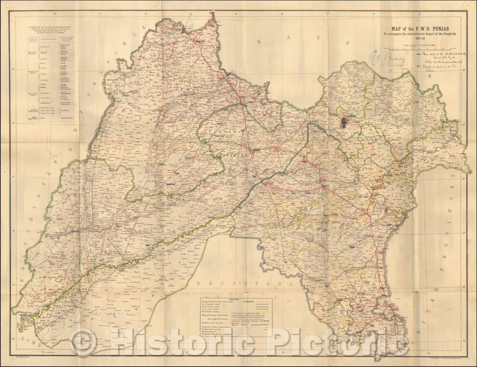 Historic Map - Map of The P.W.D. Punjab, 1922, Surveyor General of India - Vintage Wall Art 24in x 18in