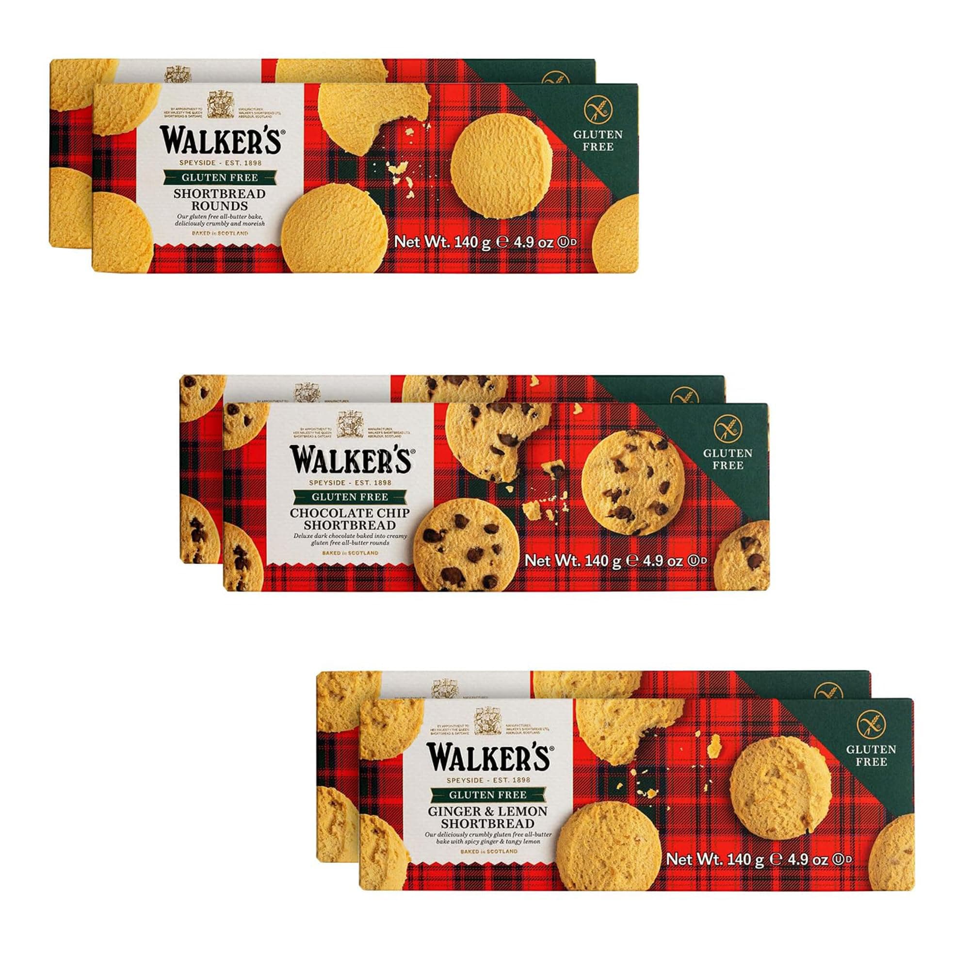 Walker's Shortbread Gluten Free Variety Pack, 2 of Each: Shortbread Rounds, Chocolate Chip, Ginger & Lemon, All-Butter Shortbread Cookie (Pack of 6)