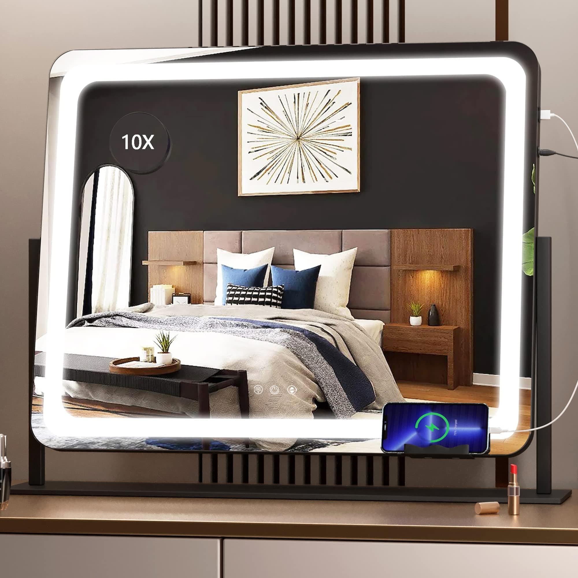 Hasipu Vanity Mirror with Lights, 55 x 45cm LED Make up Mirror, Light up Mirror with 10X Magnification and USB Charging Port, Phone Holder, Smart Touch 3 Colors Dimmable, 360ｰ Rotation (Black)