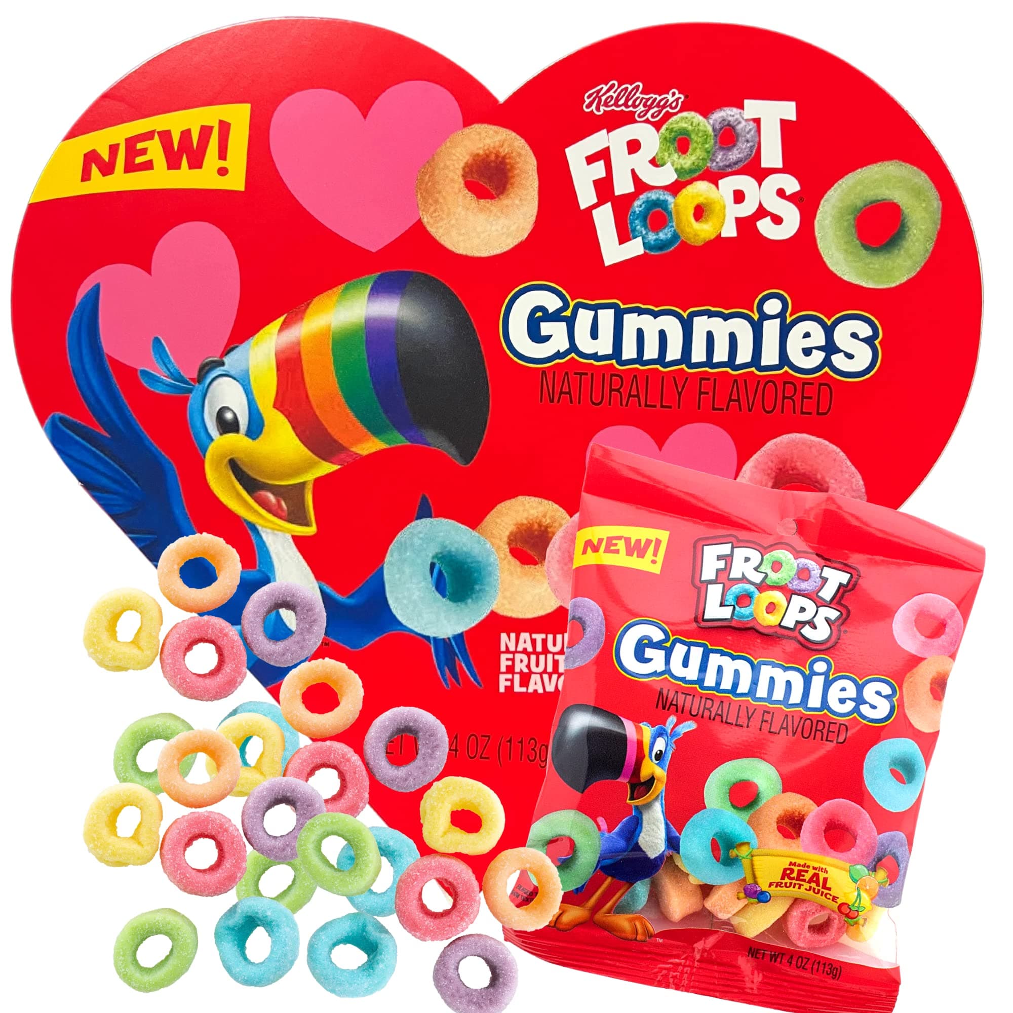Froot Loops Valentine Gummies Heart Shaped Box with Gummy Candies Inside, Favorite Cereal Flavored Candy Gift, Basket Stuffers for Boys and Girls, 4 Ounces