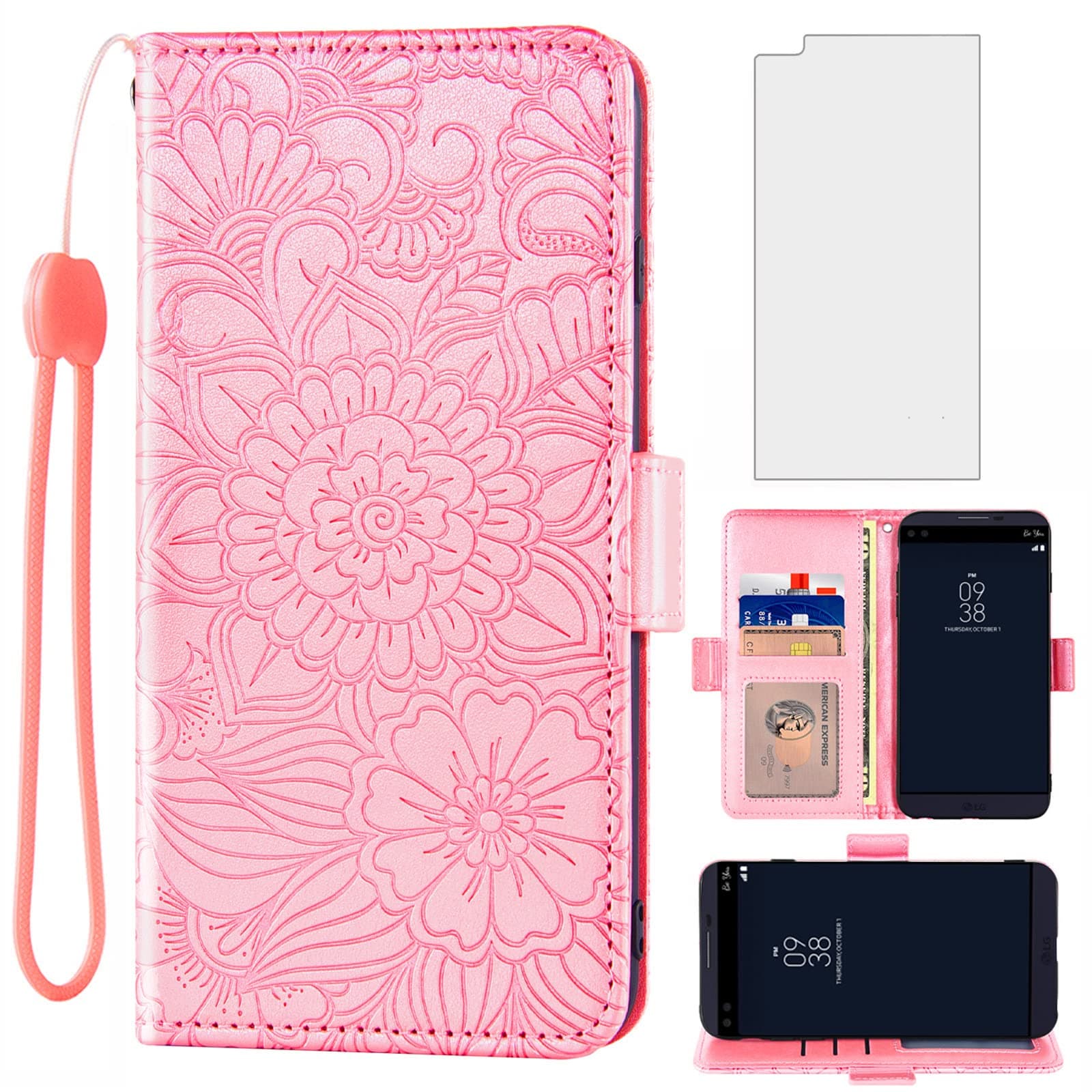 Compatible with LG V10 Wallet Case and Tempered Glass Screen Protector Card Holder Stand Credit ID Slot Magnetic Leather Flip Cell Accessories Phone Cover for LGV10 LG10 V 10 ThinQ Women Men Rose Gold