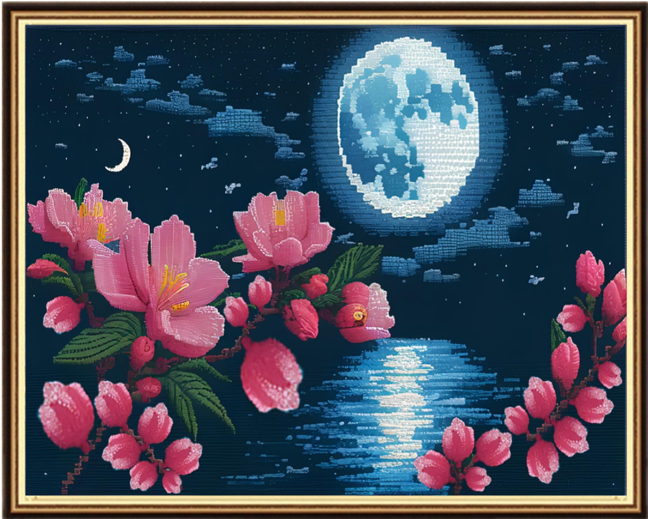 Findvoor Stamped Cross Stitch Kits for Beginners Full Range of Cross Stitching Embroidery Pattern for Adults, 11CT DIY Needlepoint Embroidery Starter Kits-Moon Peach Blossom 15.7x19.7 inch