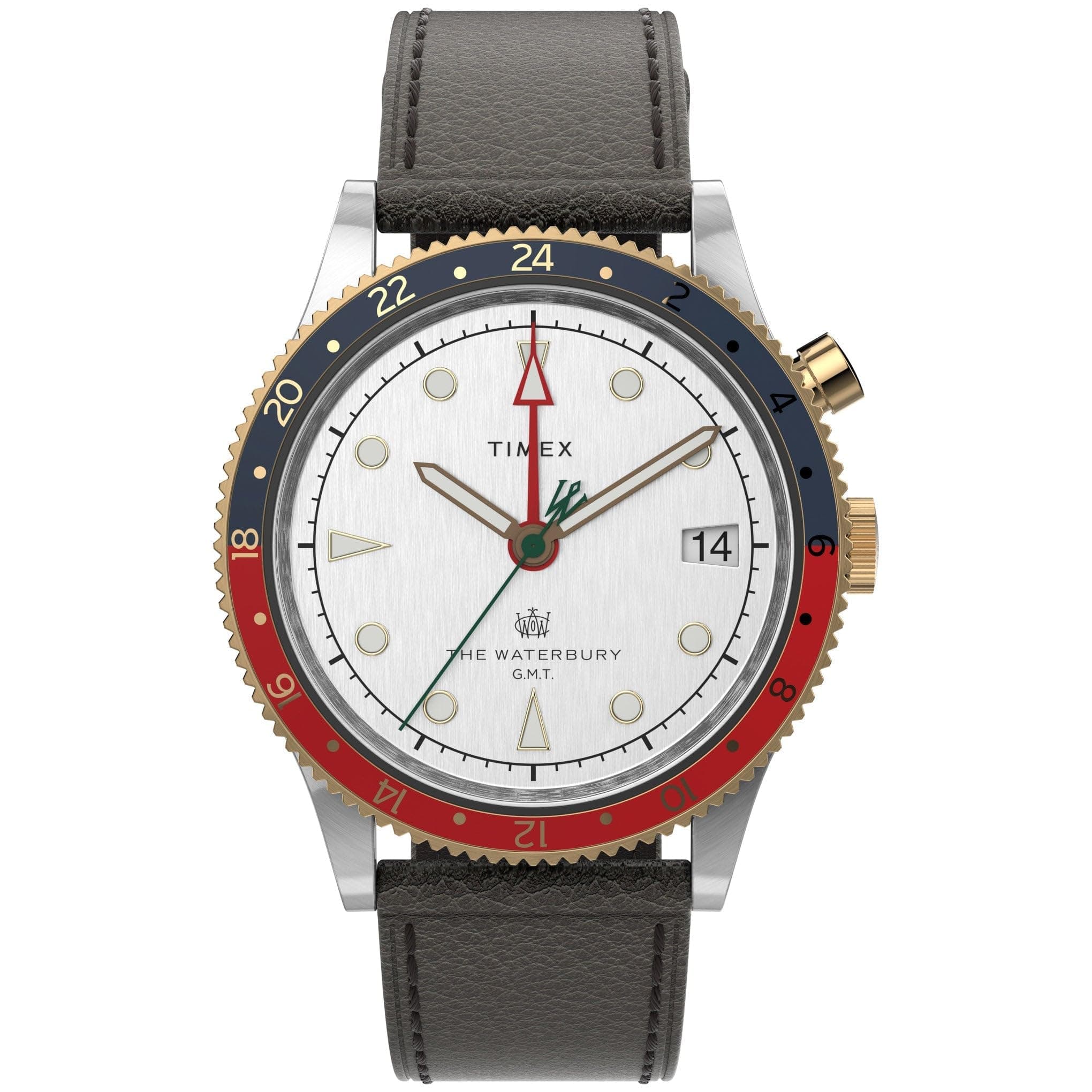 Men's Waterbury Traditional GMT 39mm TW2U99100VQ Quartz Watch, Black/Red/Blue/White, One Size, 39 mm Waterbury Traditional GMT Leather Strap Watch
