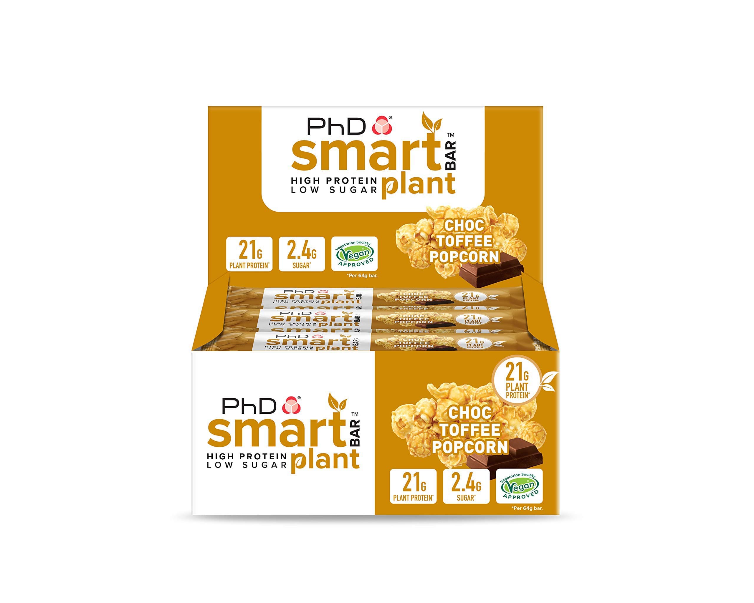 PhD PhD Smart Plant Bar-High Protein Low Sugar Bar, Choc Toffee Popcorn, 12 Bars