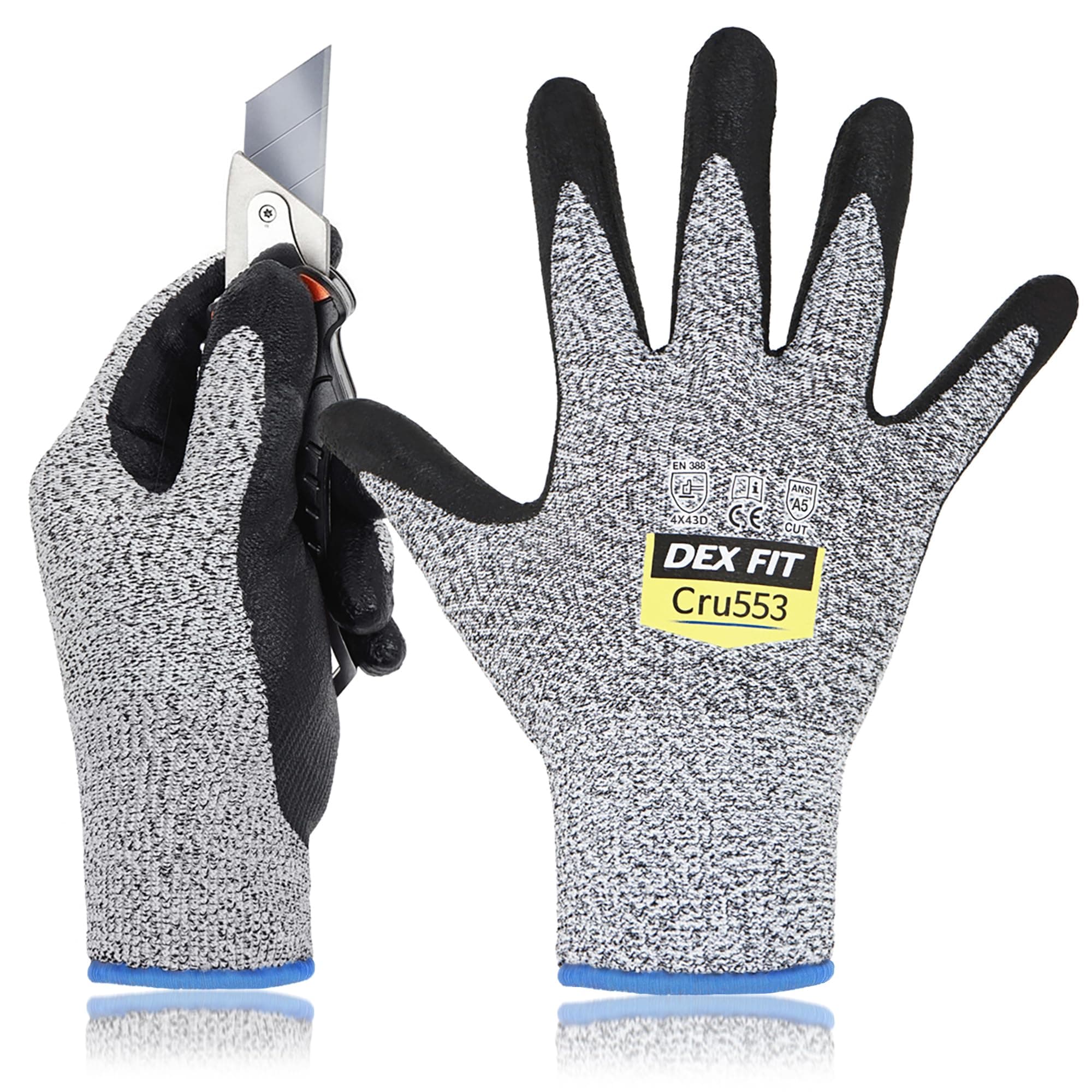 DEX FIT Level 5 Cut Resistant Gloves Cru553, 3D-Comfort Fit, Firm Grip, Thin & Lightweight, Touch-Screen Compatible, Durable, Breathable & Cool, Machine Washable; Grey L (9) 1 Pair