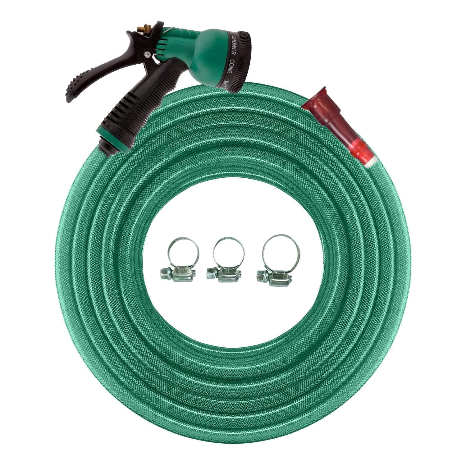 - Cinagro 10 Meter 0.5 inch Heavy Duty 3 Layered Braided PVC Garden Hose Pipe with 8 Mode Spray Gun, Tap Adapter & 3 Clamps, Water Pipe for Garden, Car Washing, Garden Pipe for Home (32.8 feet, Green)
