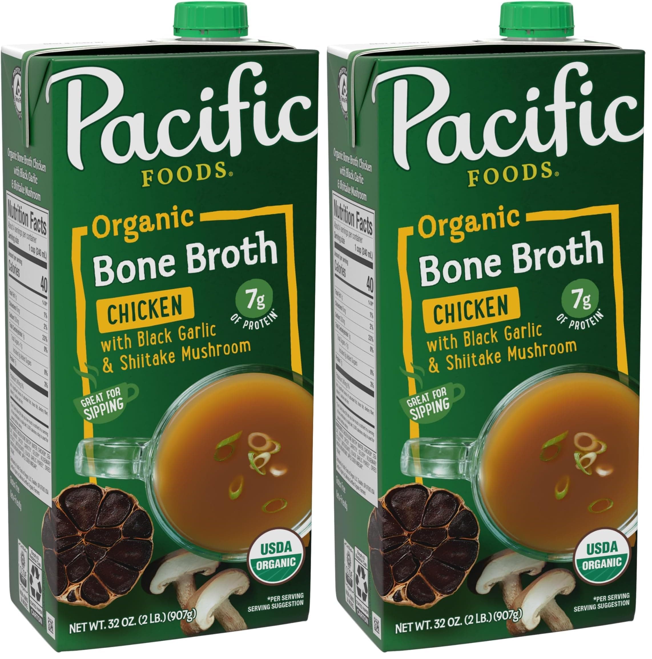 Pacific Foods Organic Chicken Bone Broth With Black Garlic & Shiitake Mushroom, 32 oz Carton (Pack of 2)
