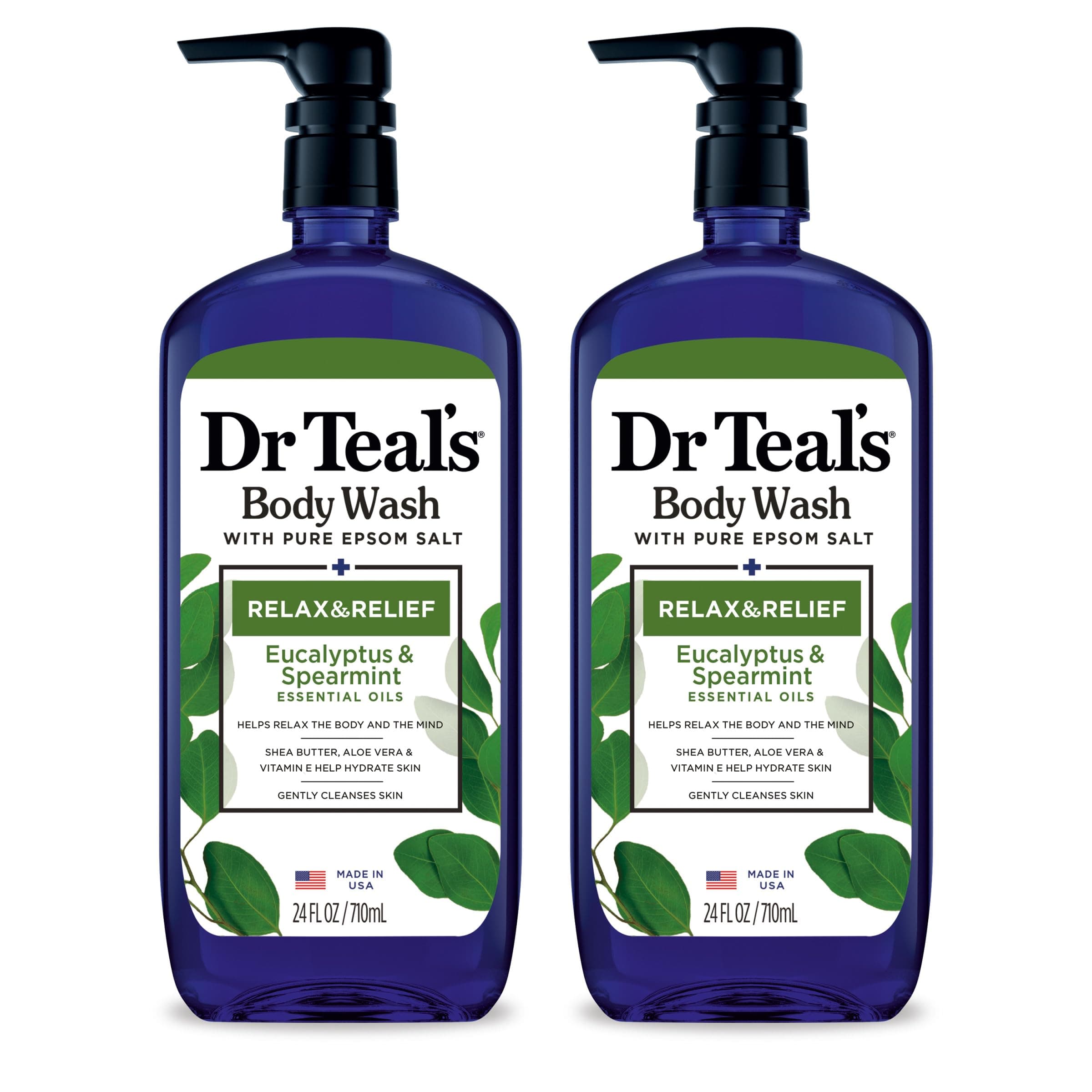 Dr Teal's Body Wash with Pure Epsom Salt, Relax & Relief with Eucalyptus & Spearmint, 24 fl oz (Pack of 2) (Packaging May Vary)