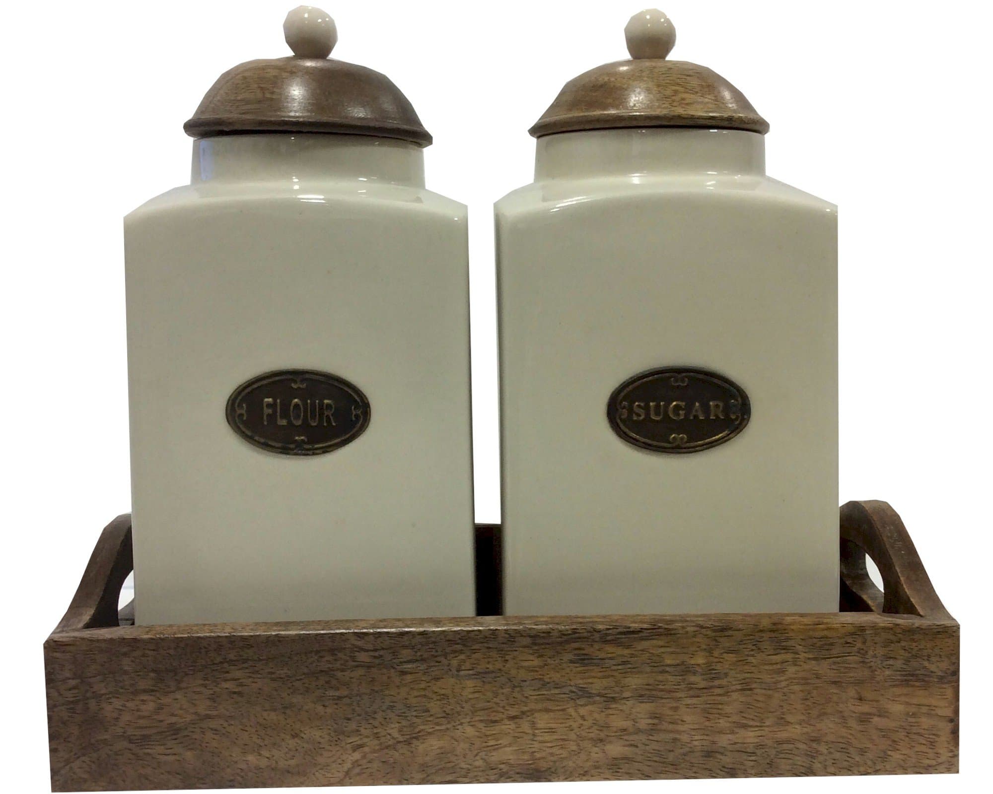 Cream Ceramic Sugar and Flour Storage Jars on a Tray