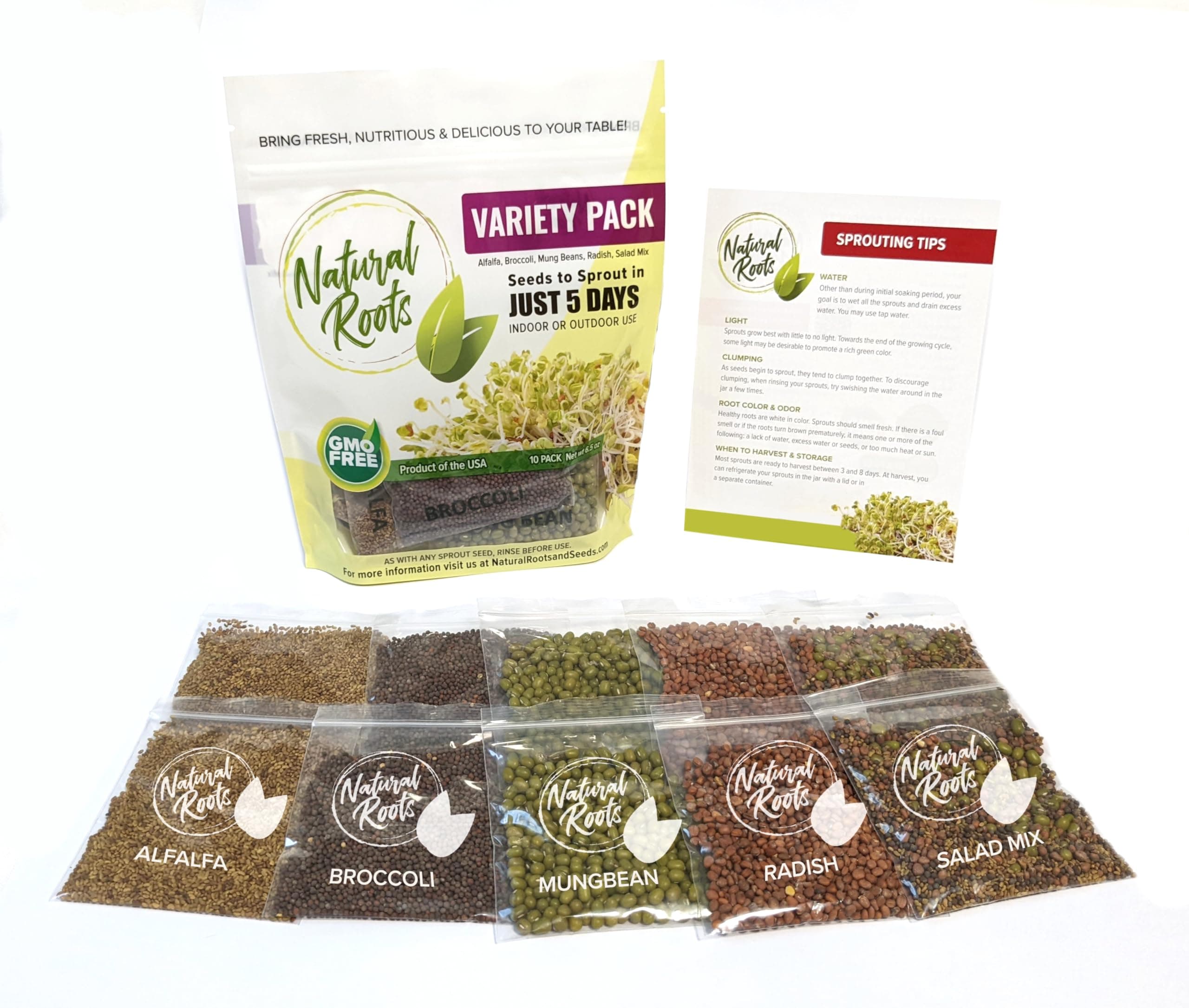 Variety Pack Sprouting Seeds Broccoli, Alfalfa, Radish, Mung beans & Salad Mix for Sprouts and Microgreens. Non-GMO. Pack of 10 premeasured seeds for quart size jars or trays. Includes 2 packs of each