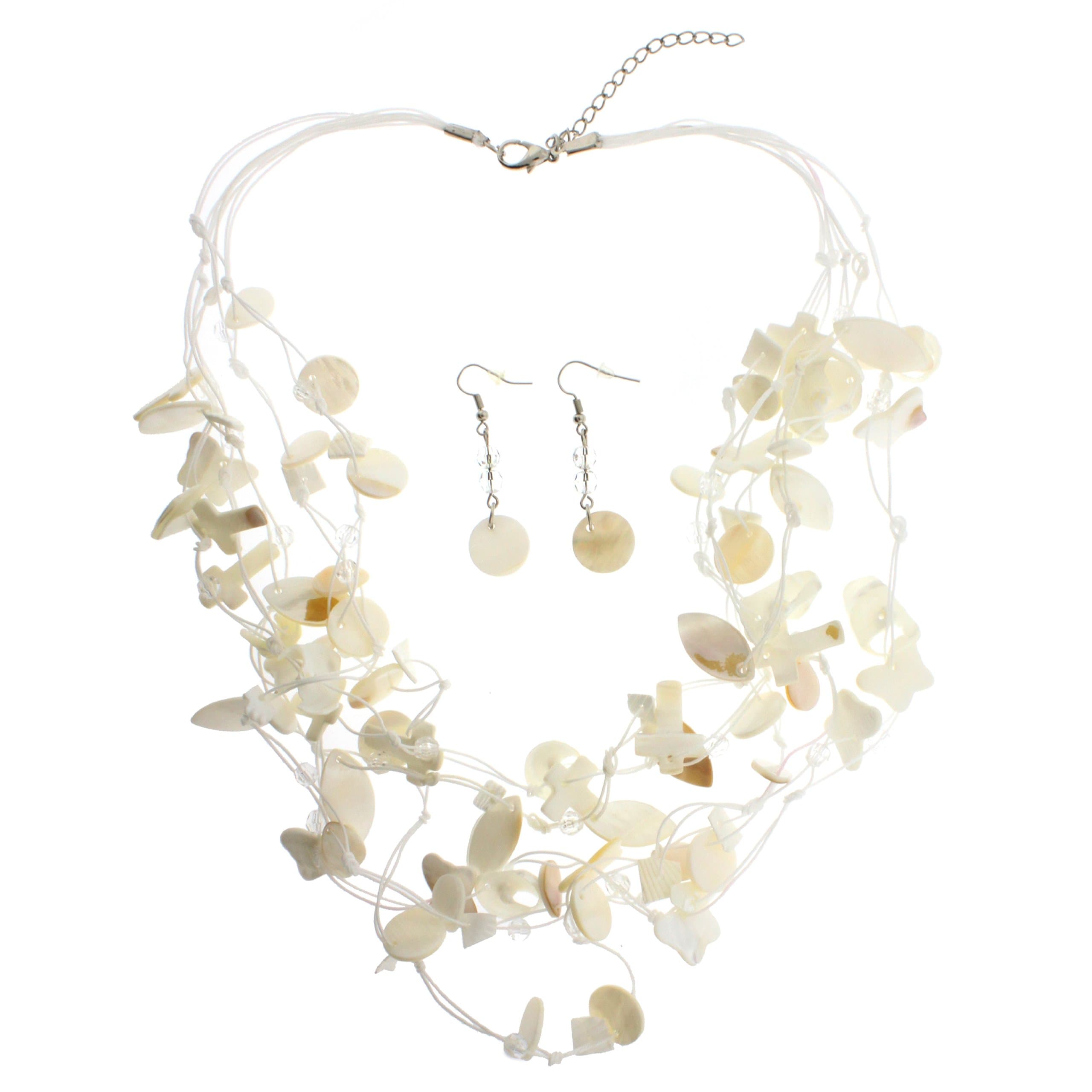 Natural Shell Strand Necklace in Assorted Shapes, Butterfly and Cross, Shell Earrings Included