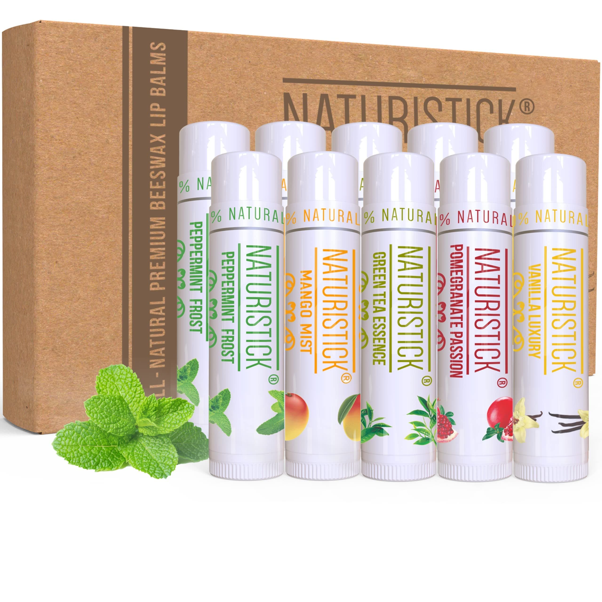 10-Pack Premium Beeswax Lip Balm by Naturistick | Chemical-Free, Natural Lip Balm for Dry, Chapped Lips | Made with Coconut Oil, Shea Butter, Aloe Vera | 5 Assorted Scents