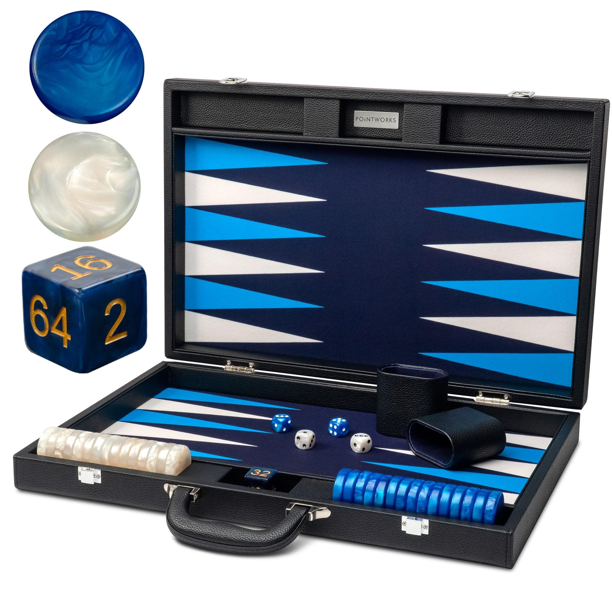 19 Inch Premium Backgammon Sets for Adults Leather Black - Blue. Premium 1.6 Inch Checkers & Dice Set, Travel Backgammon Set, Large, Backgammon Board Game, Backgammon Game Set