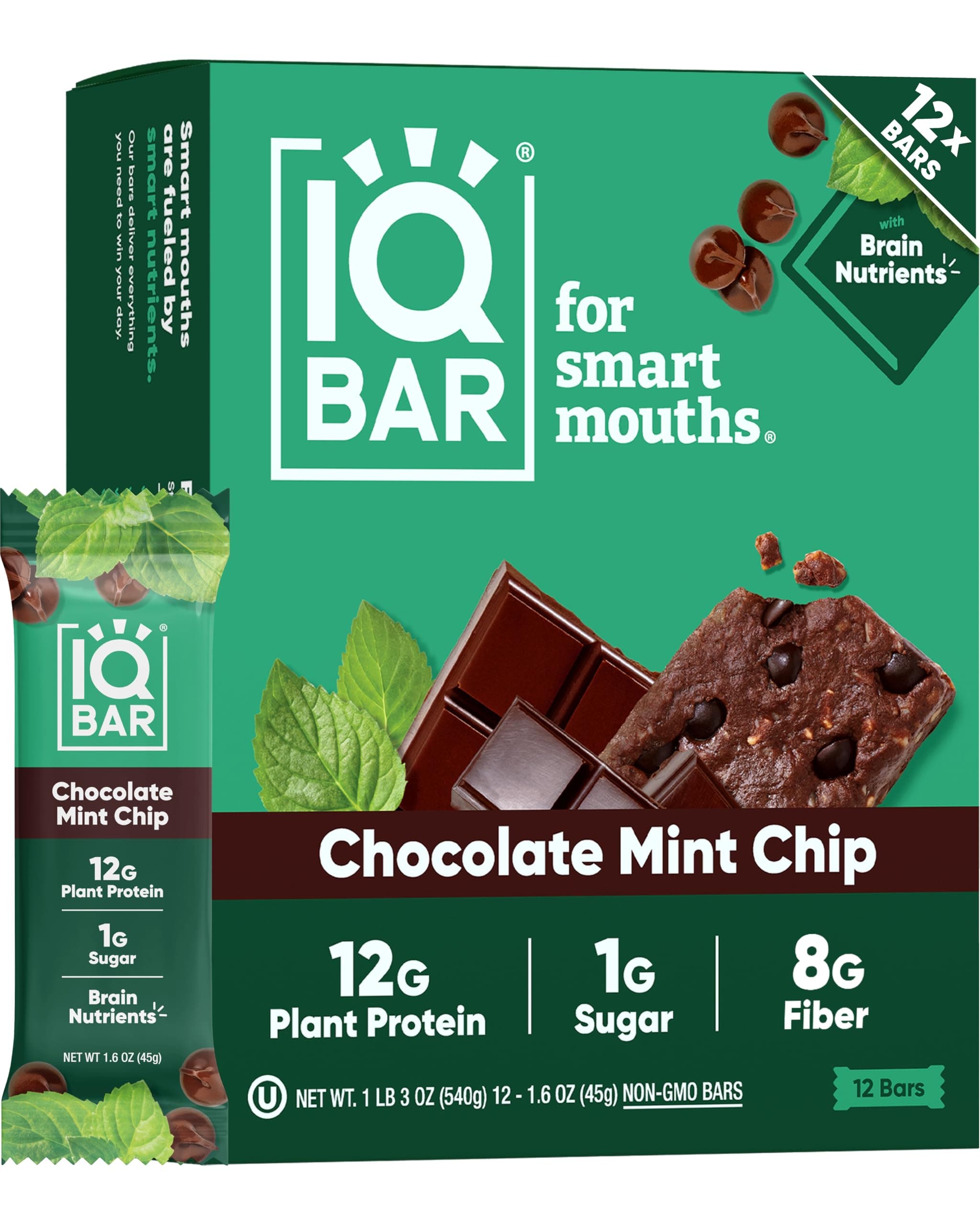 IQBAR Clean Plant Protein Bars - Chocolate Mint Chip - 12 Count - Keto, Vegan, High Fiber, Gluten and Dairy Free, Low Sugar Snack - Brain and Body Nutrients for Focus, Energy, Meal Replacement