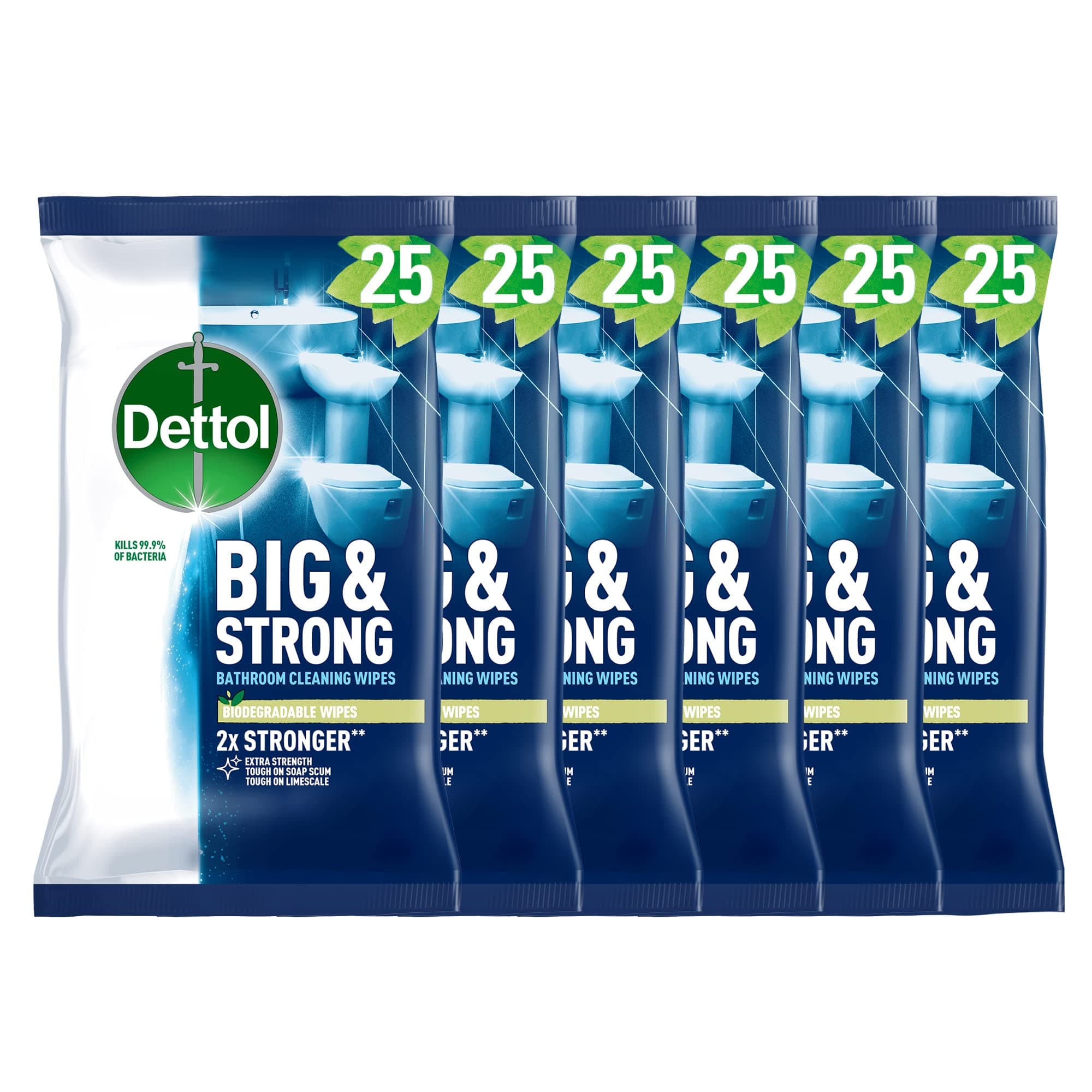 Big and Strong Bathroom Wipes, 25 Count (6 x 25, Total 150 Wipes), Extra Strength, Tough on Soap Scum and Limescale, Biodegradable