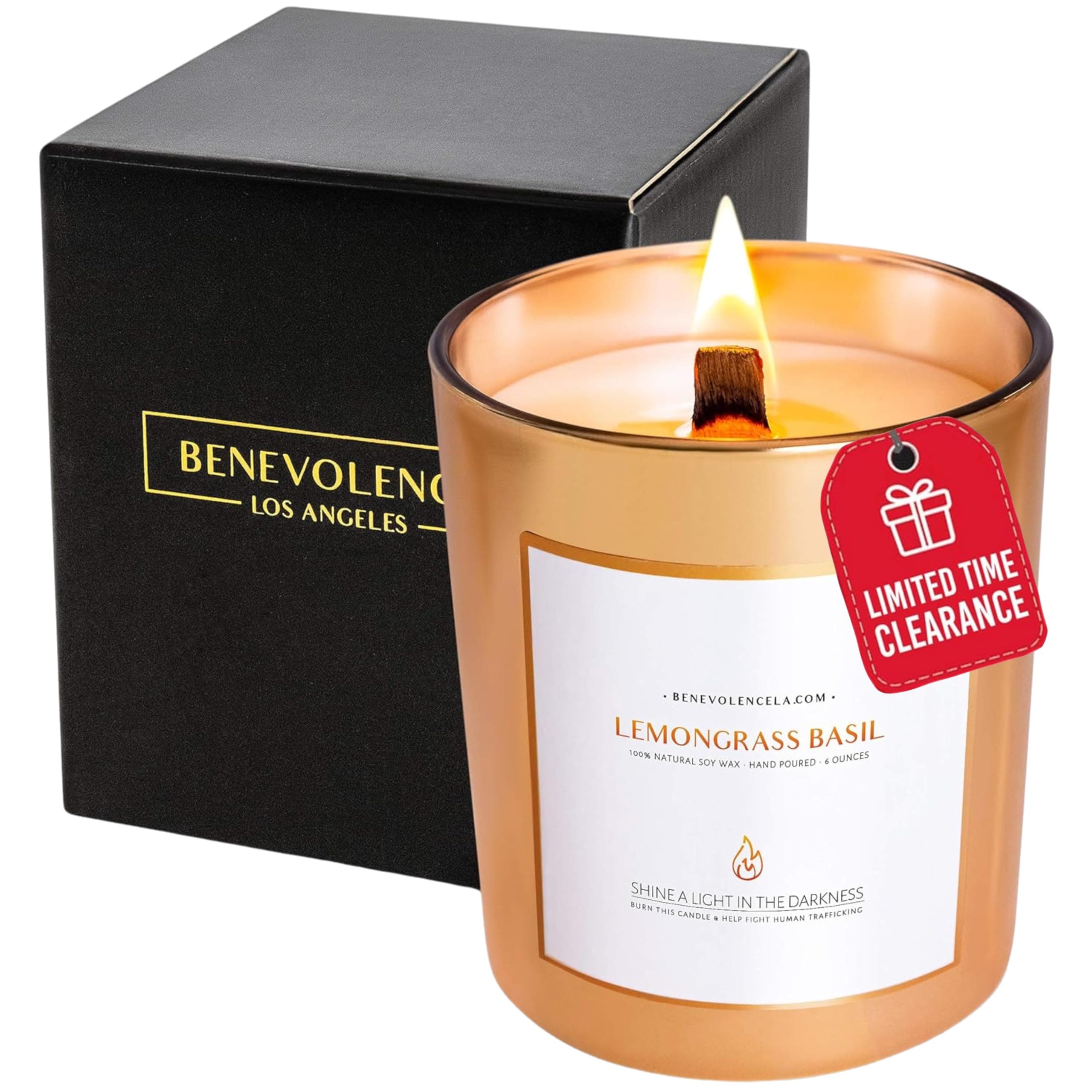 Benevolence LA Clearance Candles | Lemongrass & Basil Wood Wick Summer Candle for Home - Scented Soy Candles | Aromatherapy Gold Candle, Gifts for Men and Women, Jar Candle Small - 6 oz
